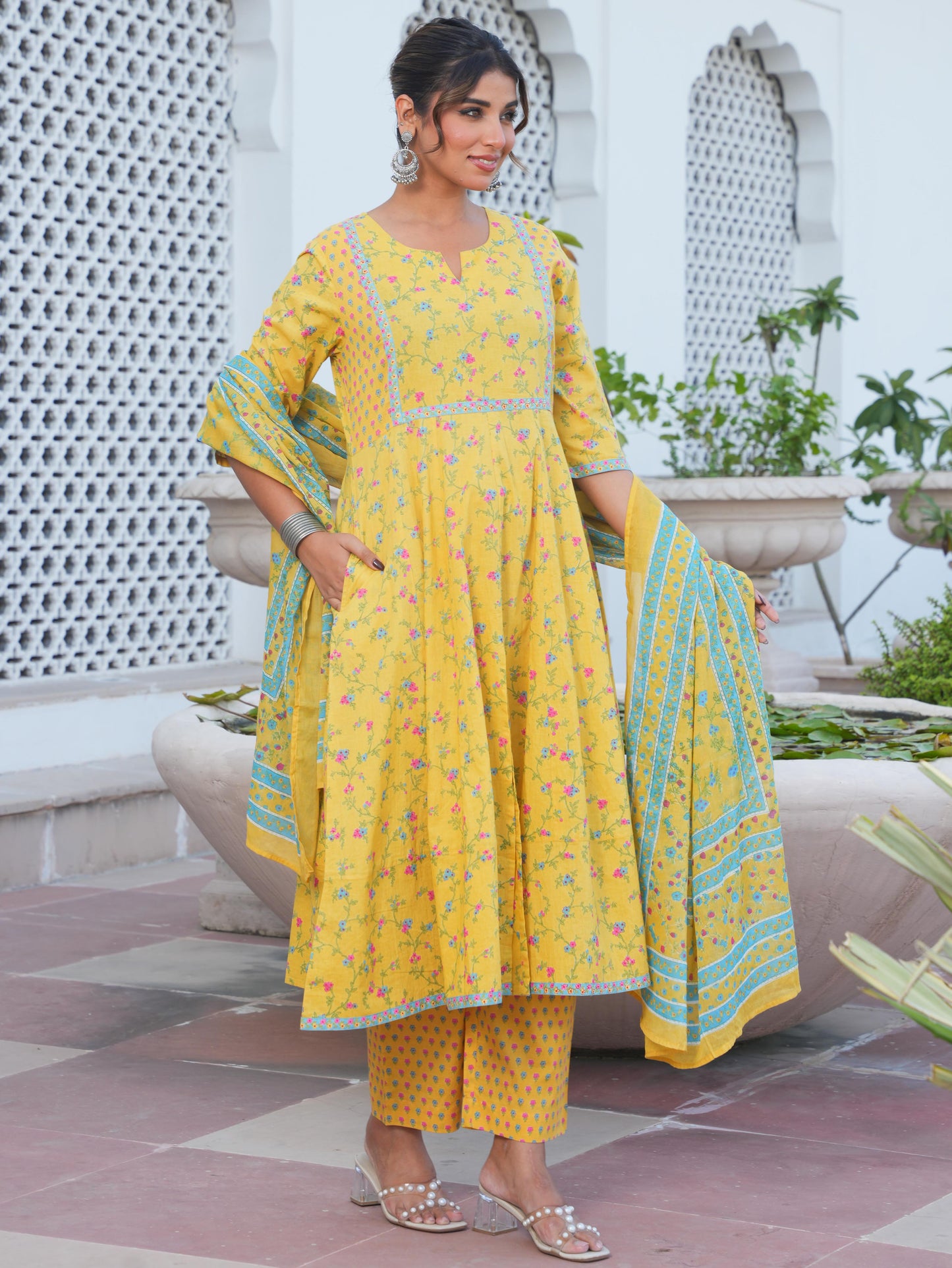 Embroidered Soft Cotton Floral Anarkali Yellow Kurta