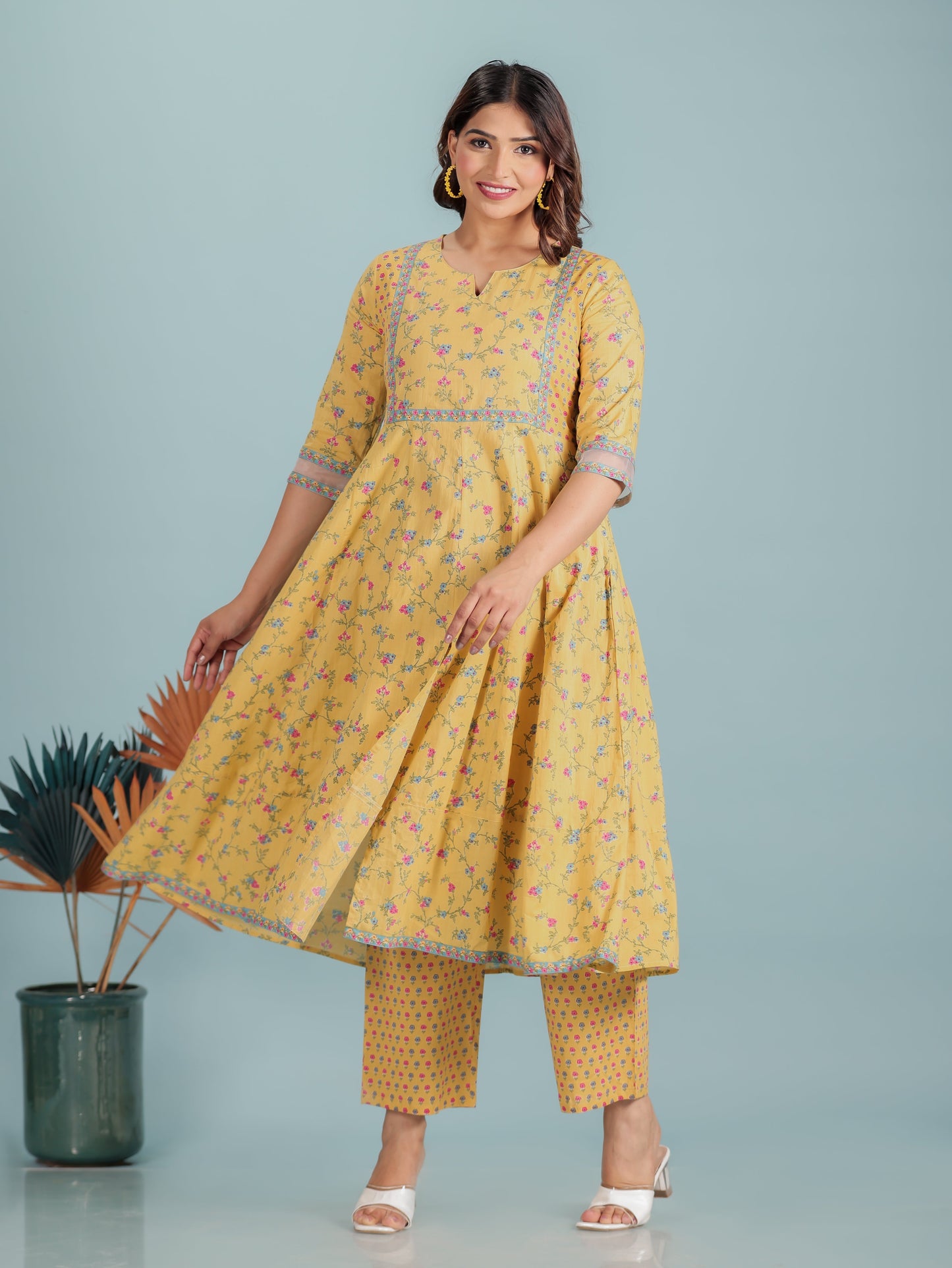 Embroidered Soft Cotton Floral Anarkali Yellow Kurta