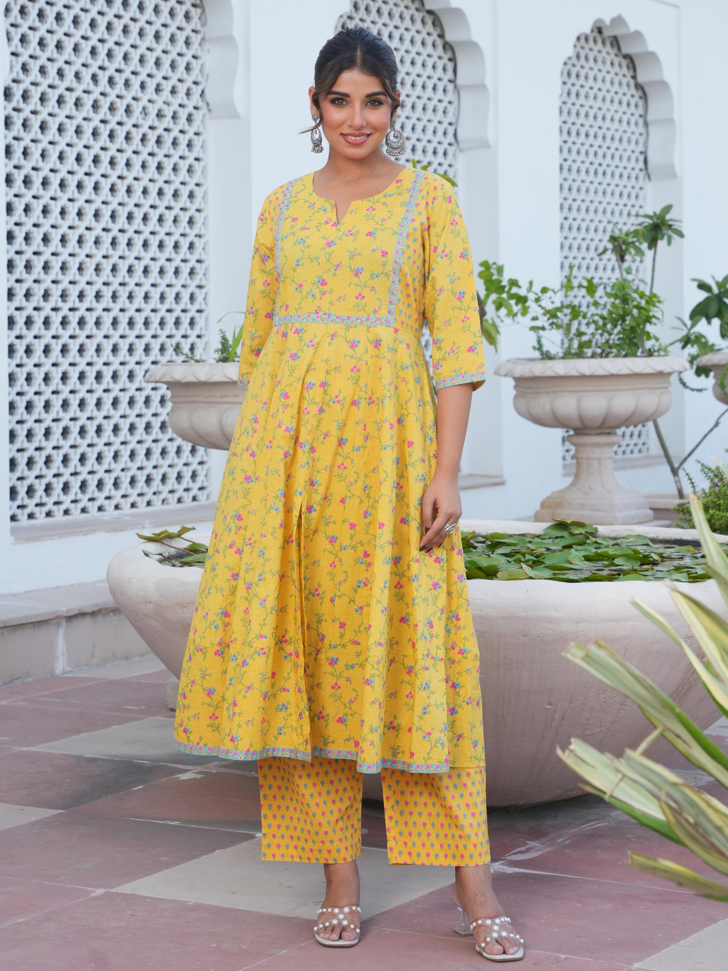 Soft Cotton Floral Anarkali Yellow Kurta