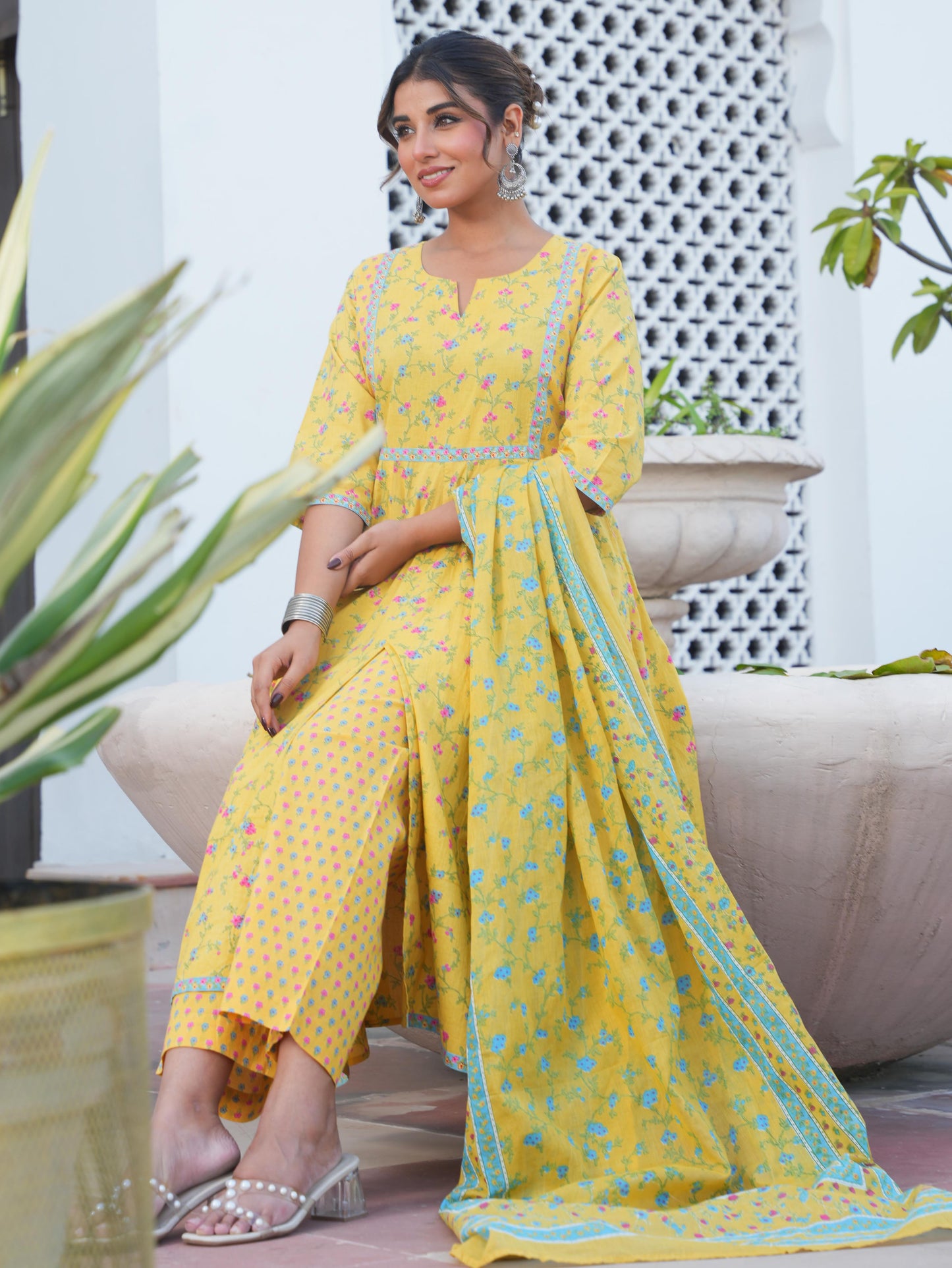 Embroidered Soft Cotton Floral Anarkali Yellow Kurta