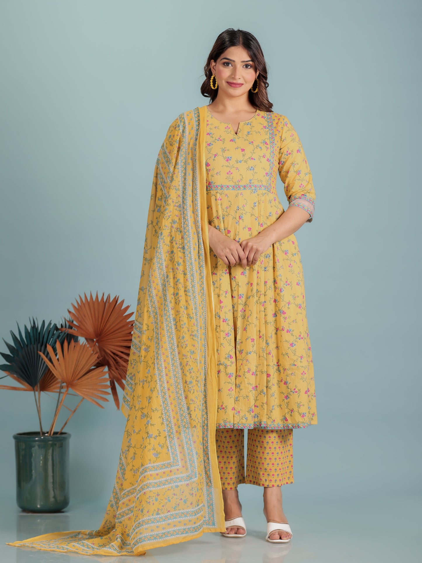 Embroidered Soft Cotton Floral Anarkali Yellow Kurta
