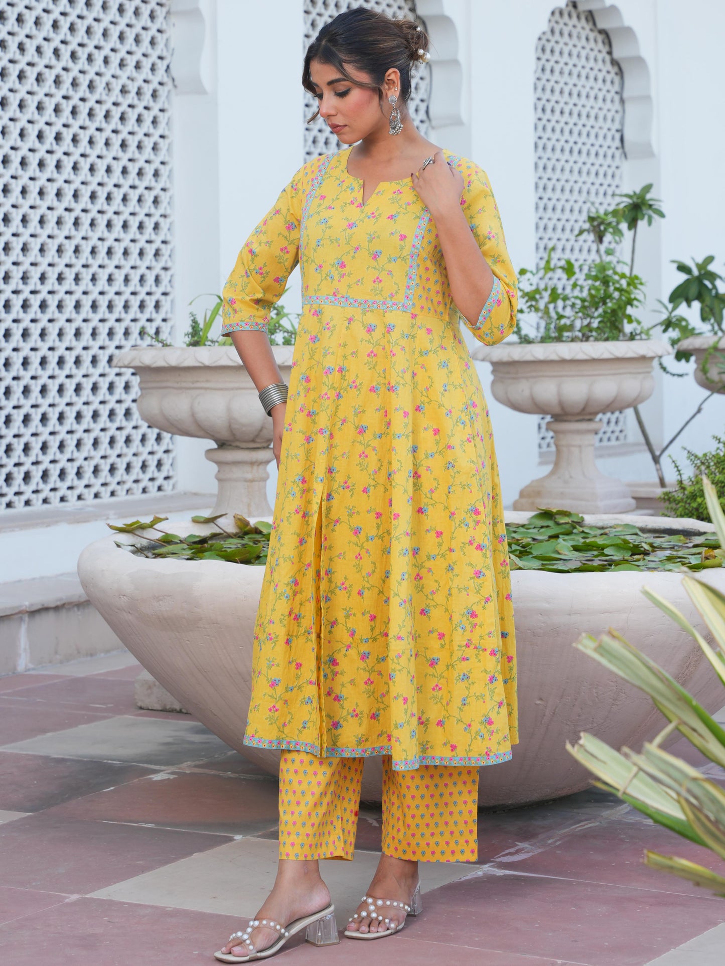 Embroidered Soft Cotton Floral Anarkali Yellow Kurta