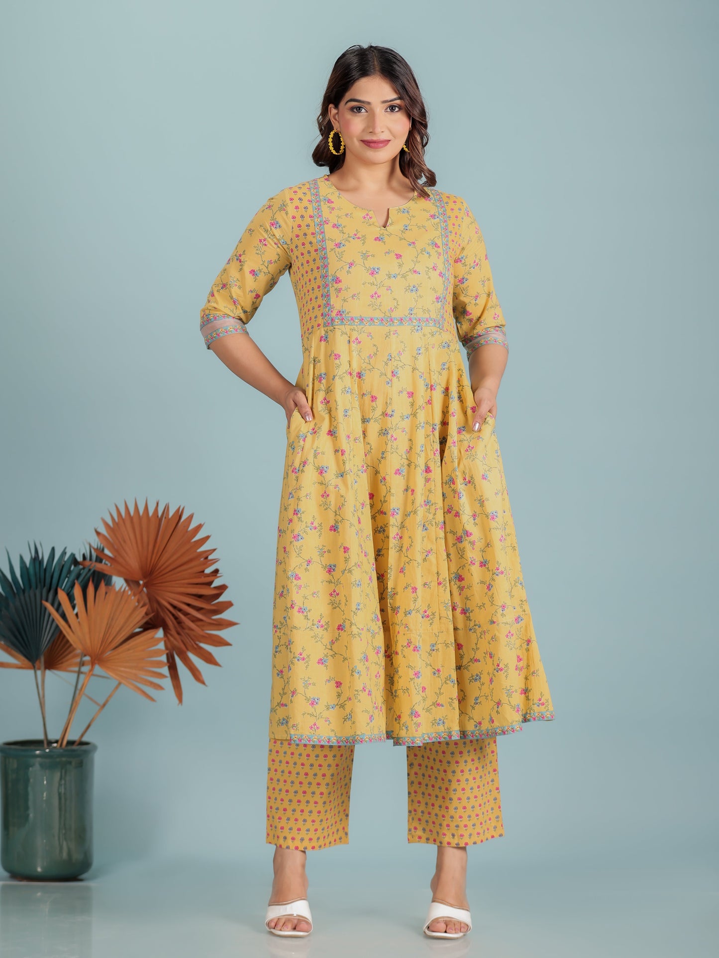 Embroidered Soft Cotton Floral Anarkali Yellow Kurta