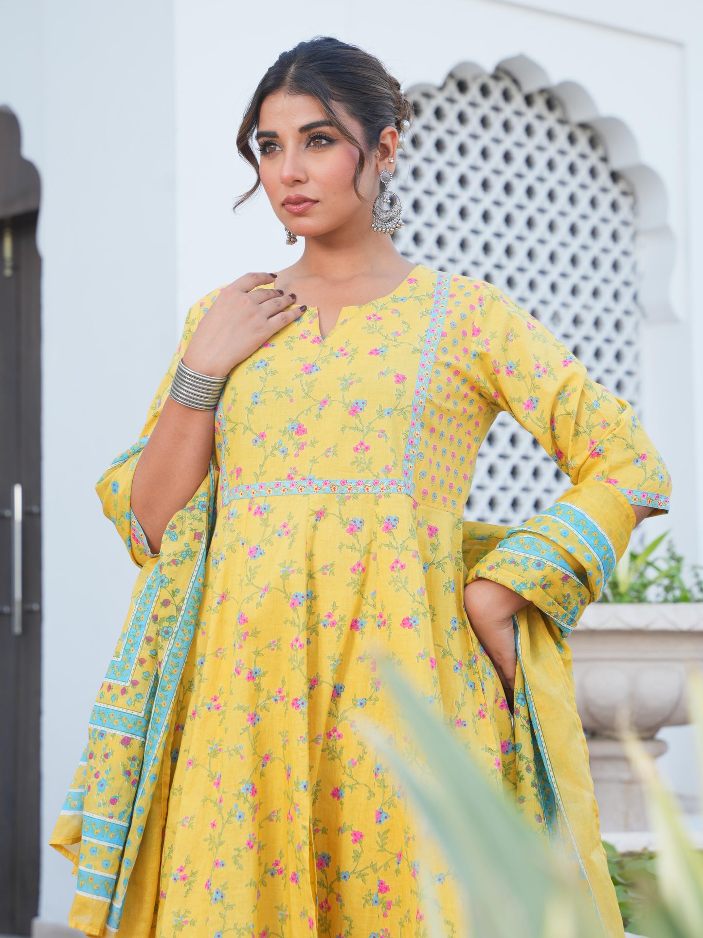 Soft Cotton Floral Anarkali Yellow Kurta
