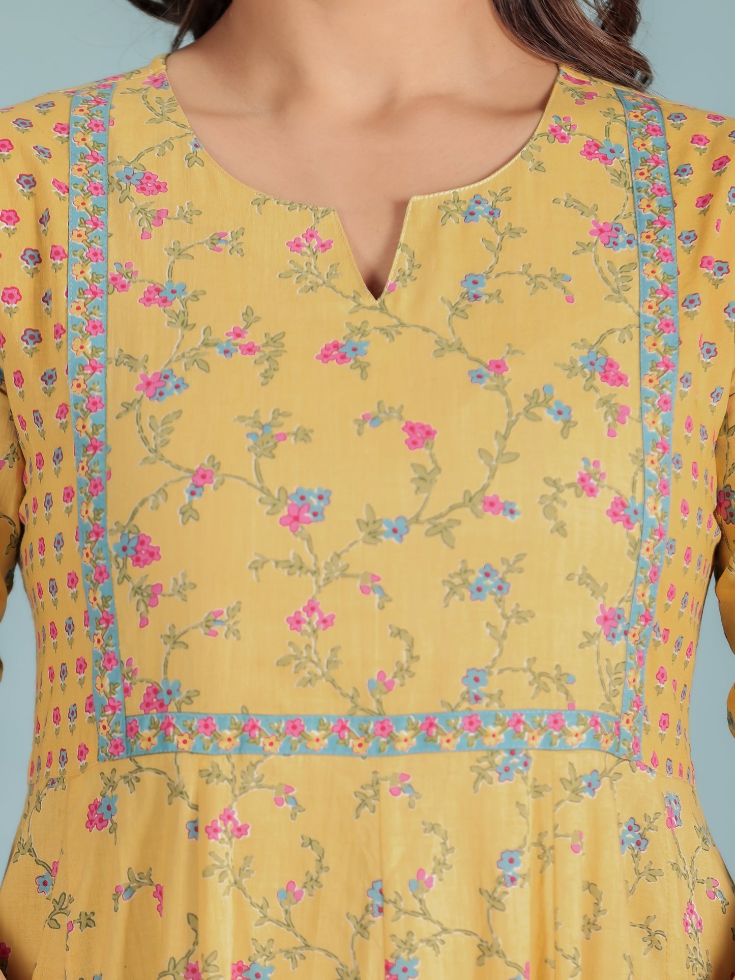 Embroidered Soft Cotton Floral Anarkali Yellow Kurta