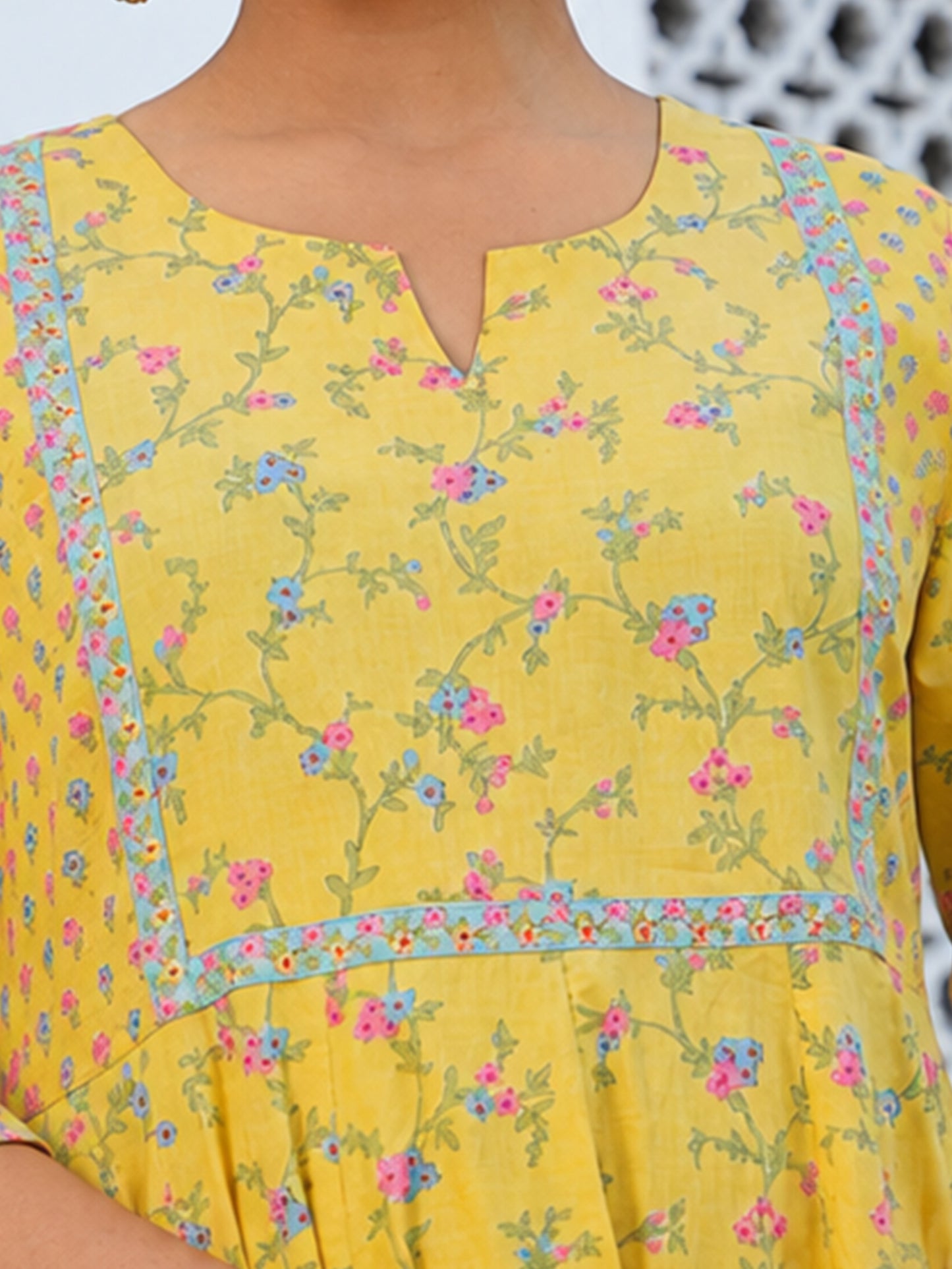 Embroidered Soft Cotton Floral Anarkali Yellow Kurta
