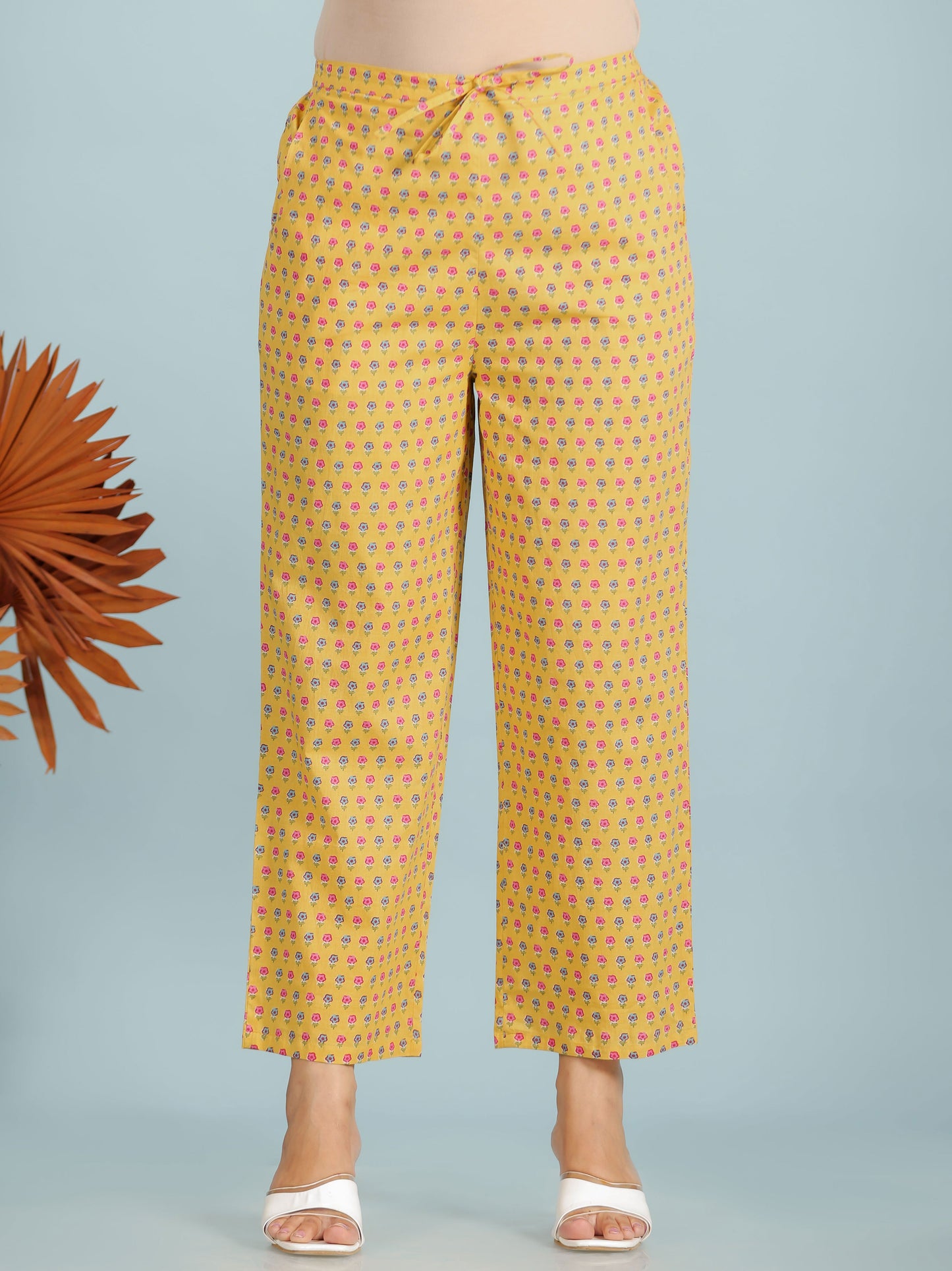 Soft Cotton Butti Yellow Straight Trousers