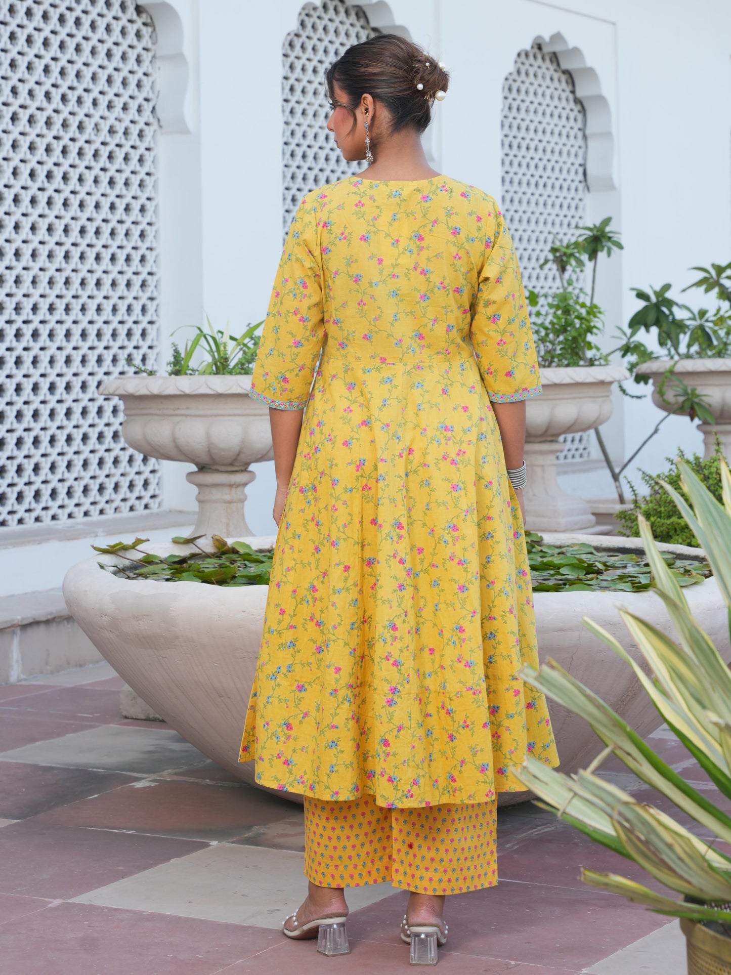 Soft Cotton Floral Anarkali Yellow Kurta