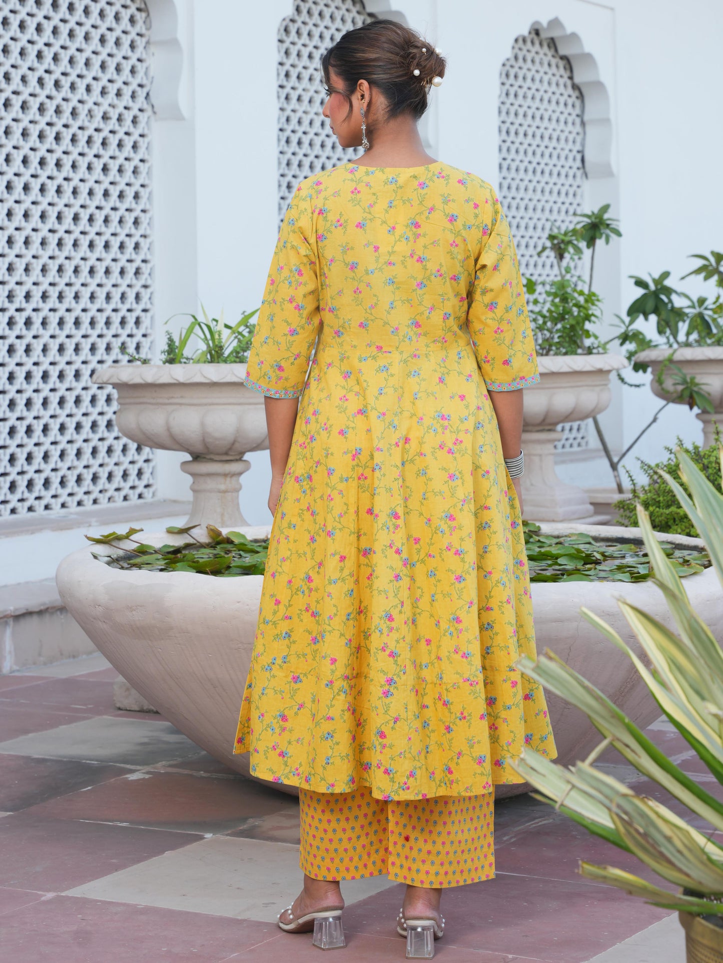 Embroidered Soft Cotton Floral Anarkali Yellow Kurta