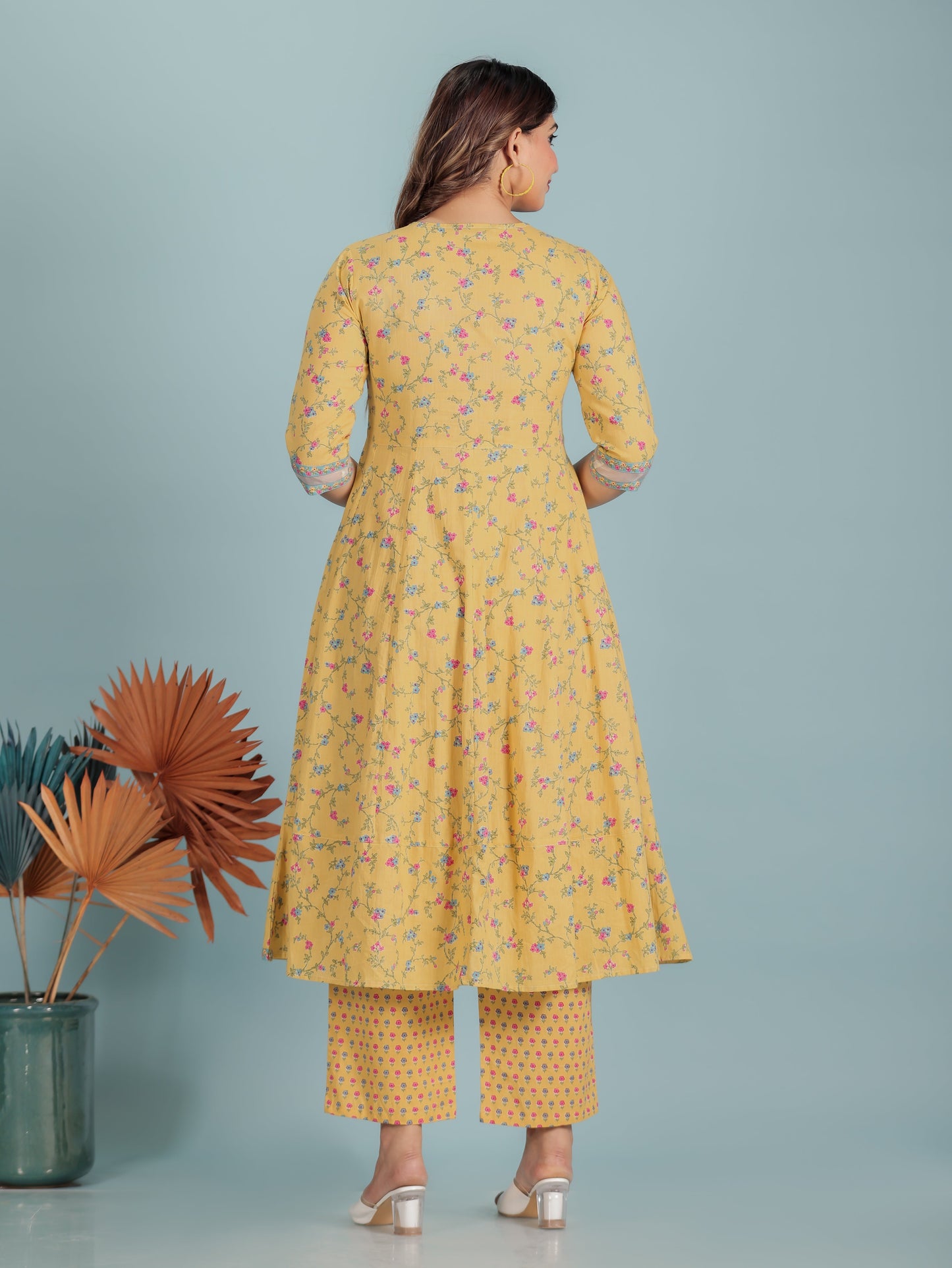 Embroidered Soft Cotton Floral Anarkali Yellow Kurta