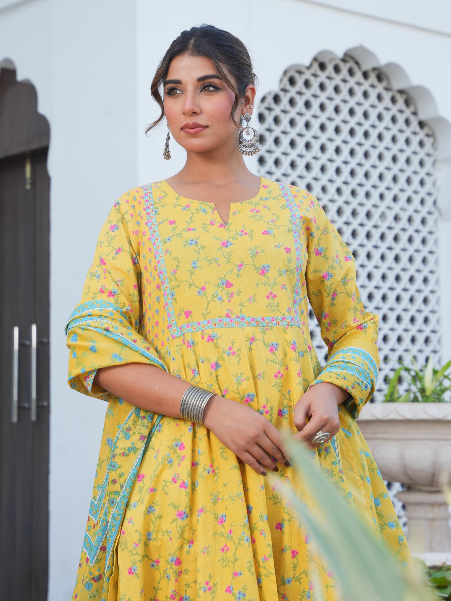 Soft Cotton Floral Anarkali Yellow Kurta