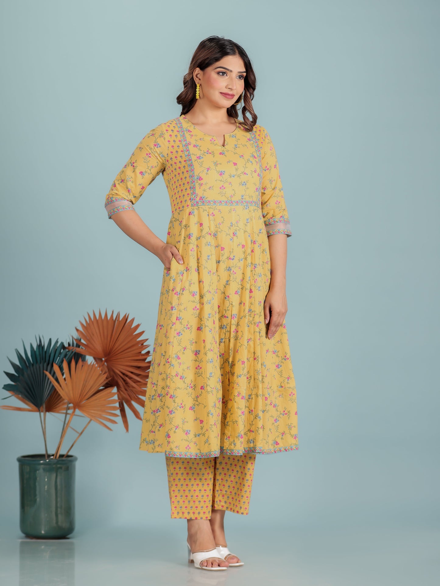 Embroidered Soft Cotton Floral Anarkali Yellow Kurta