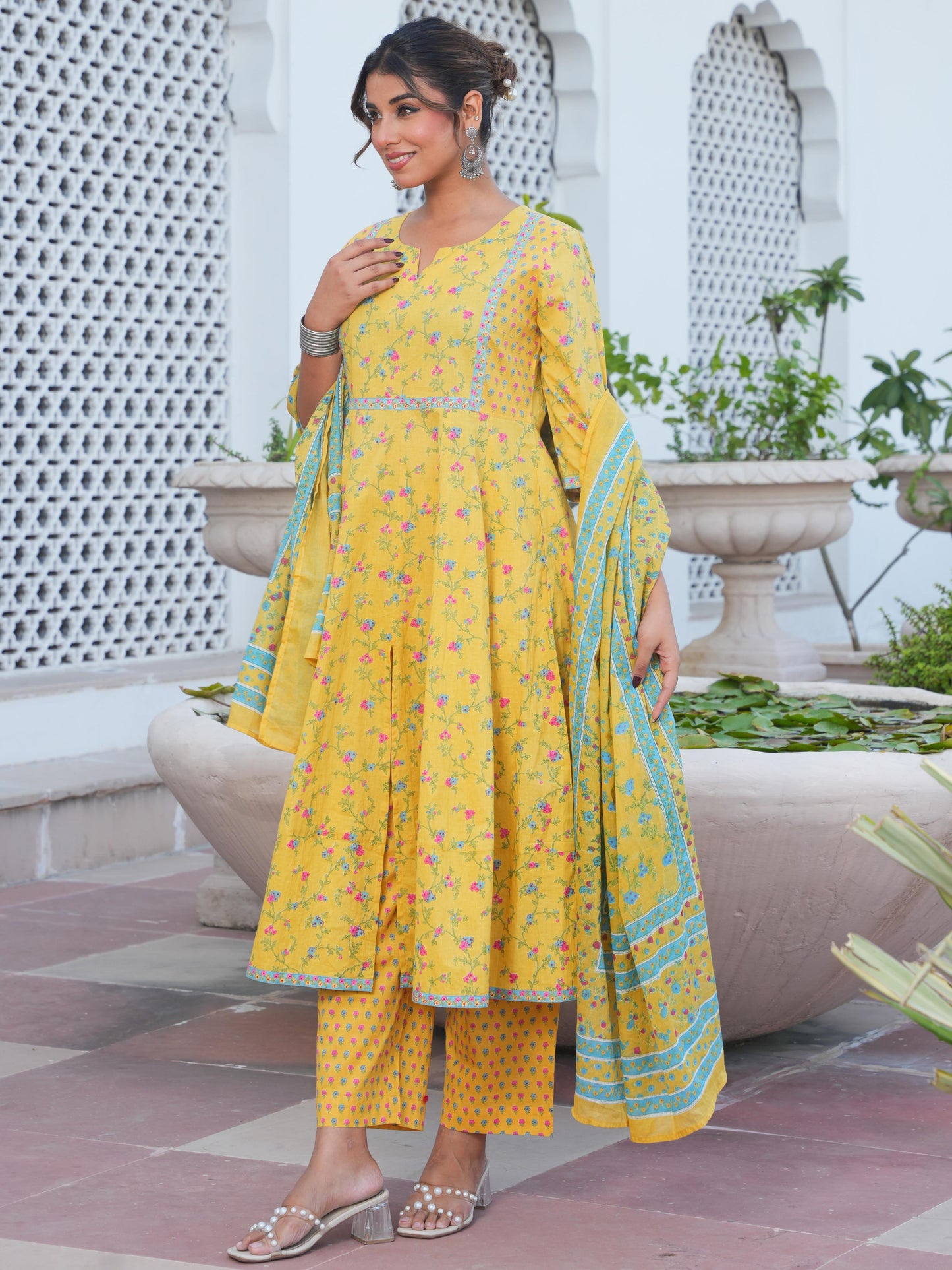 Embroidered Soft Cotton Floral Anarkali Yellow Kurta