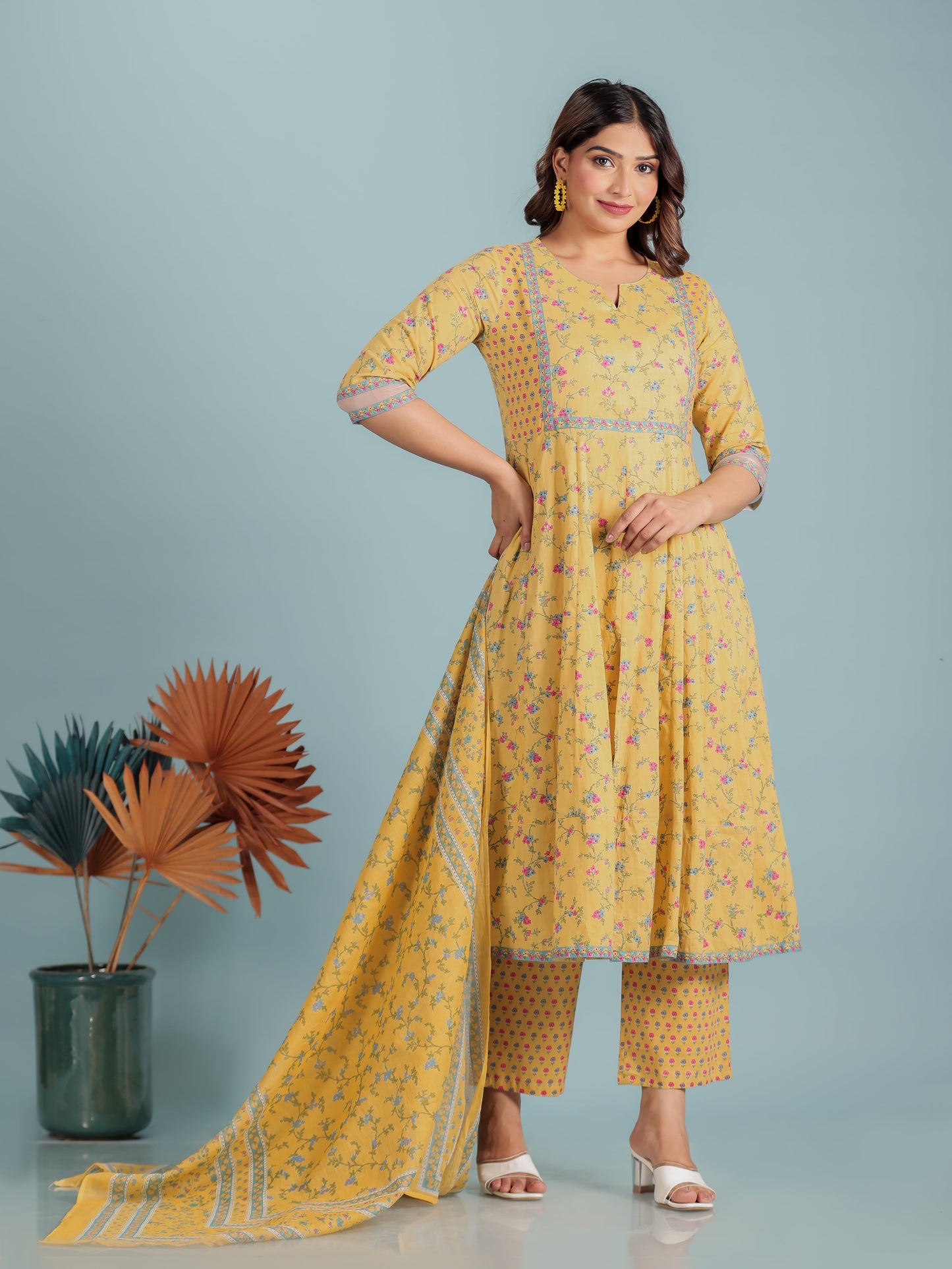 Embroidered Soft Cotton Floral Anarkali Yellow Kurta