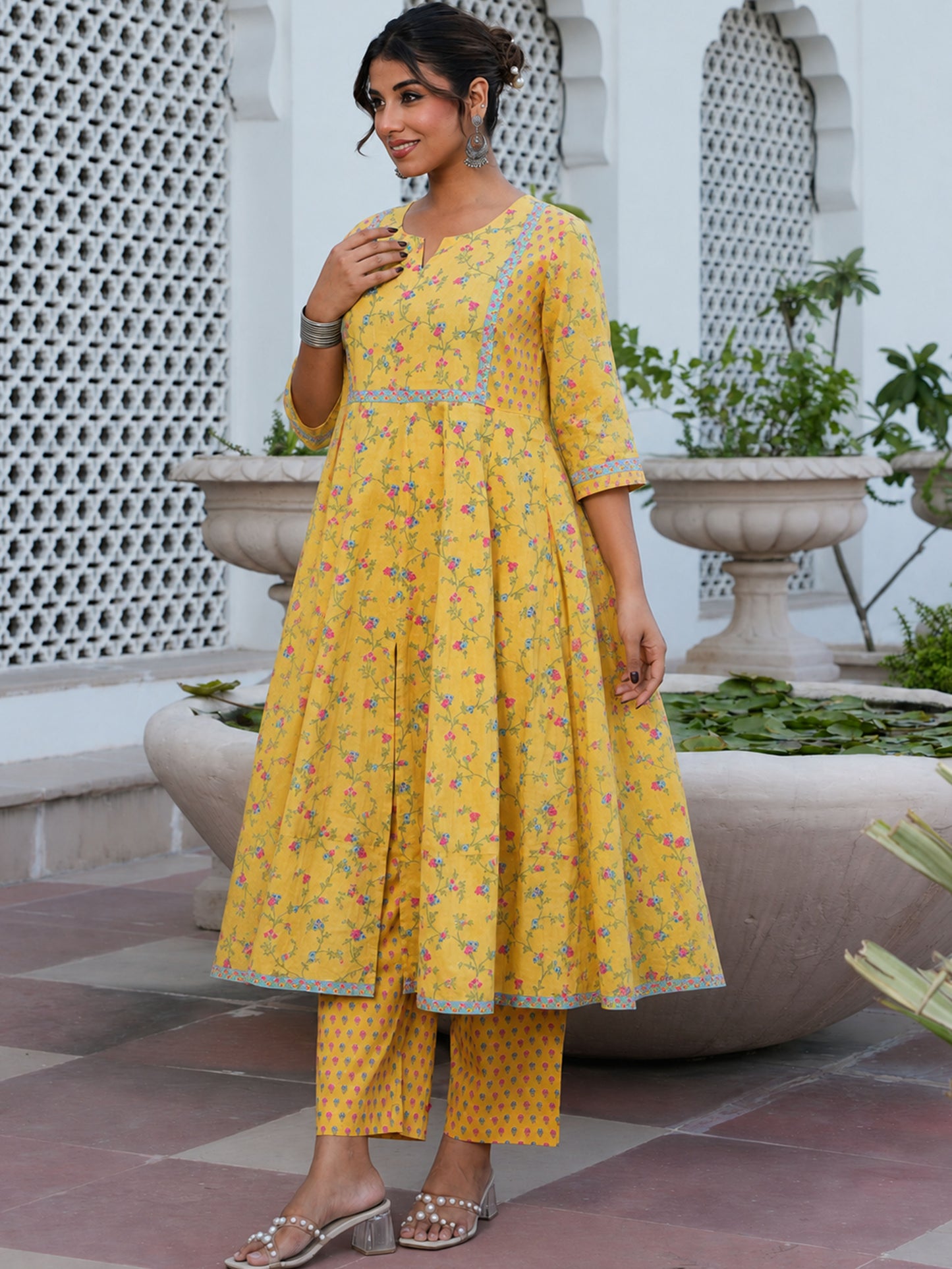 Embroidered Soft Cotton Floral Anarkali Yellow Kurta