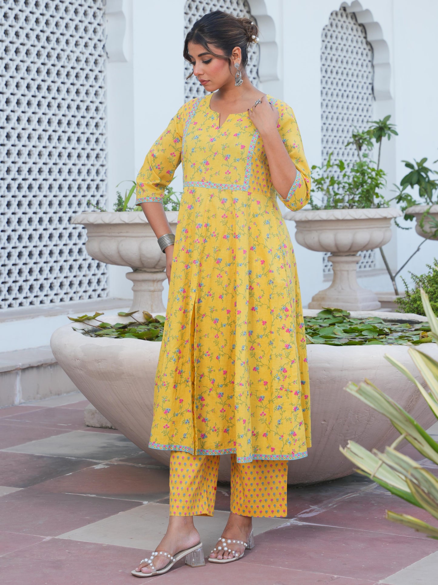 Soft Cotton Floral Anarkali Yellow Kurta