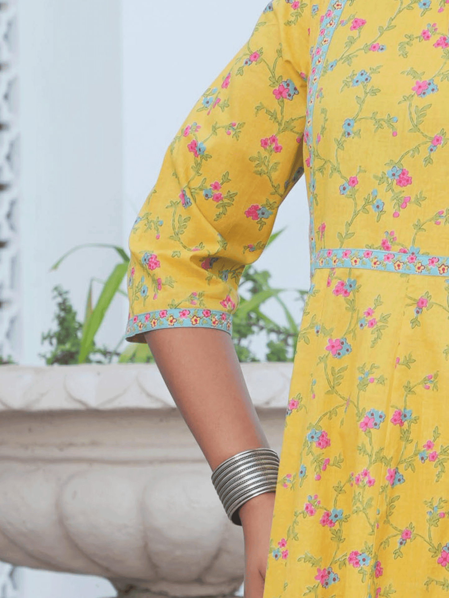 Embroidered Soft Cotton Floral Anarkali Yellow Kurta