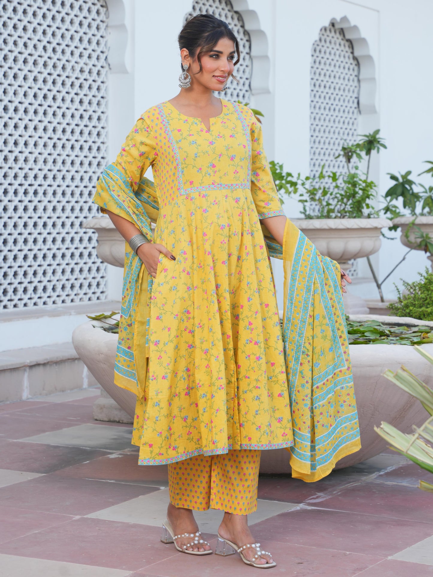 Soft Cotton Floral Anarkali Yellow Kurta