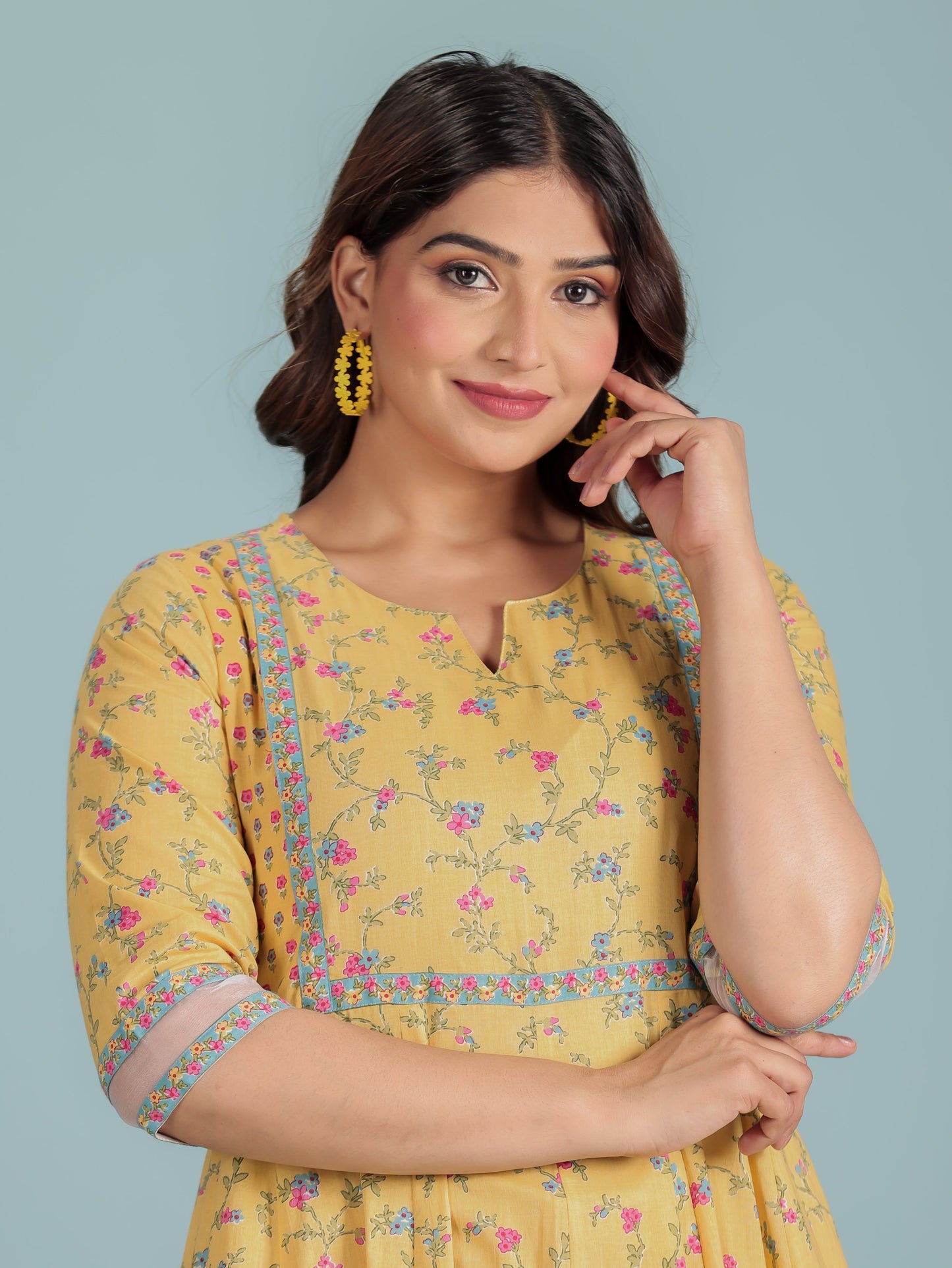 Embroidered Soft Cotton Floral Anarkali Yellow Kurta