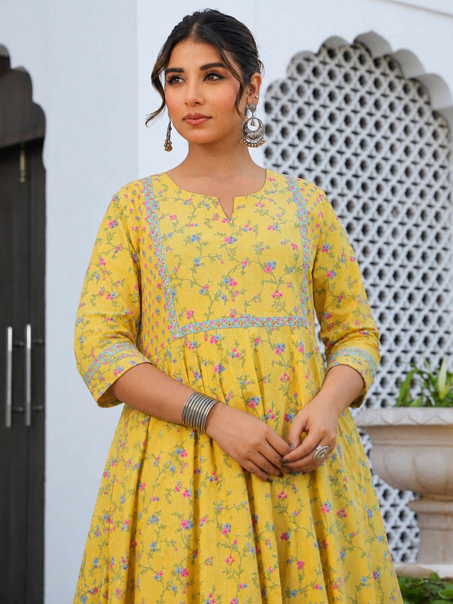 Embroidered Soft Cotton Floral Anarkali Yellow Kurta