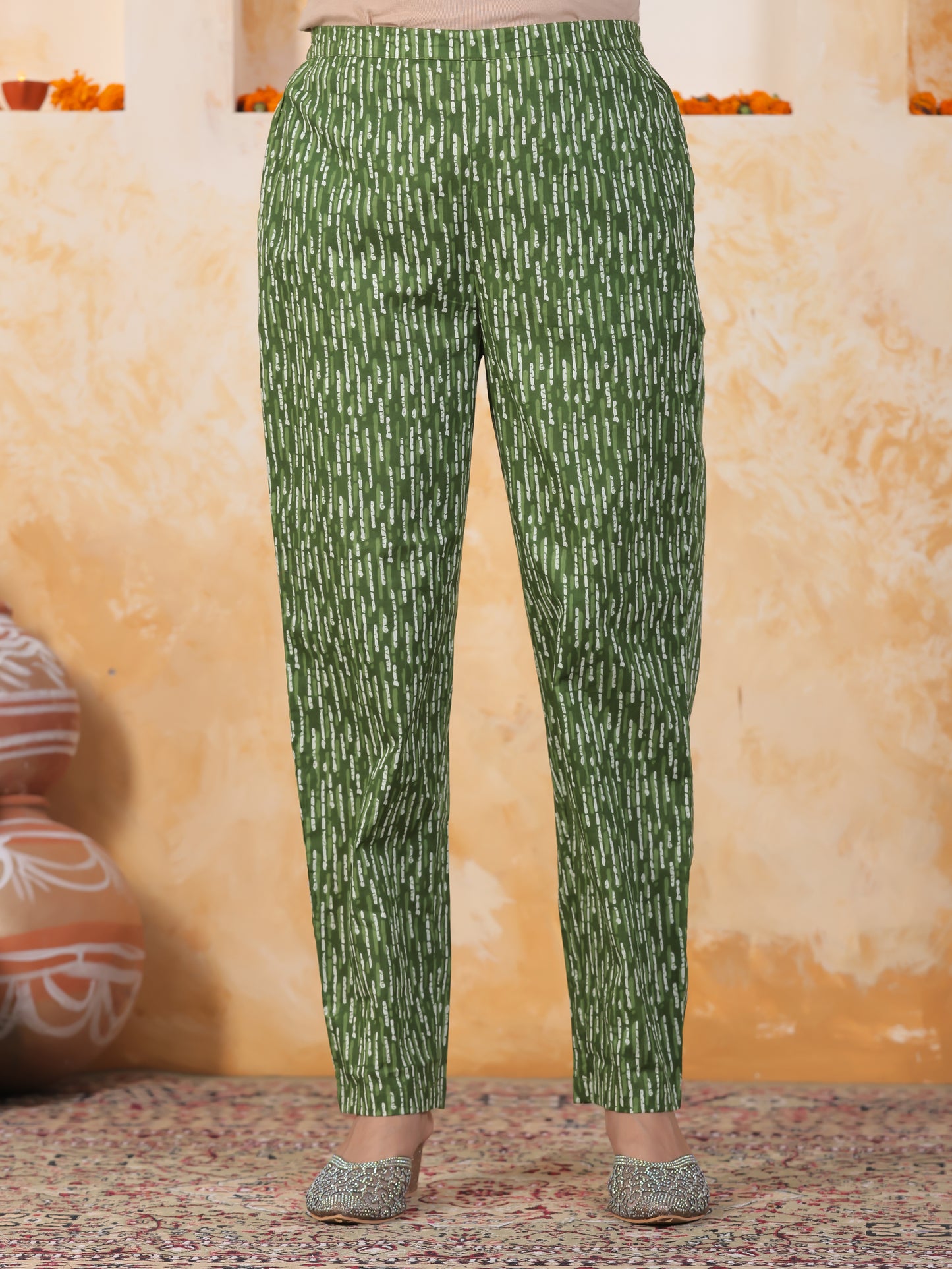 Soft Cotton Abstract Green Tapered Trousers