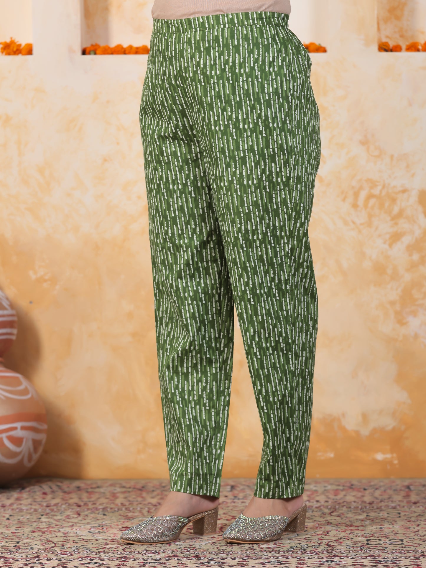 Soft Cotton Abstract Green Tapered Trousers