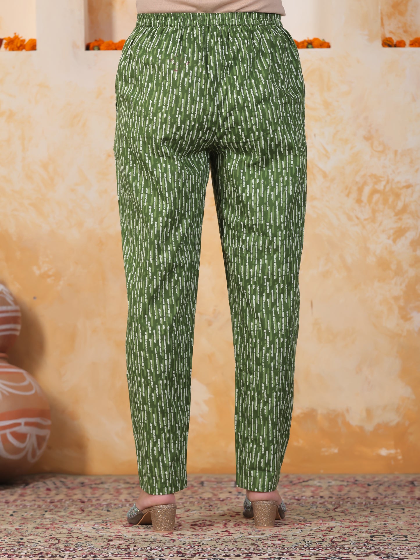 Soft Cotton Abstract Green Tapered Trousers