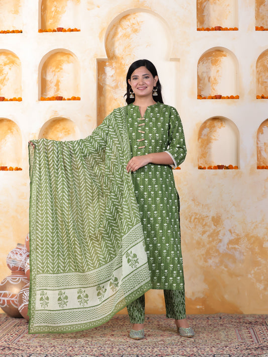 Cotton Voile Geometric Green Dupatta