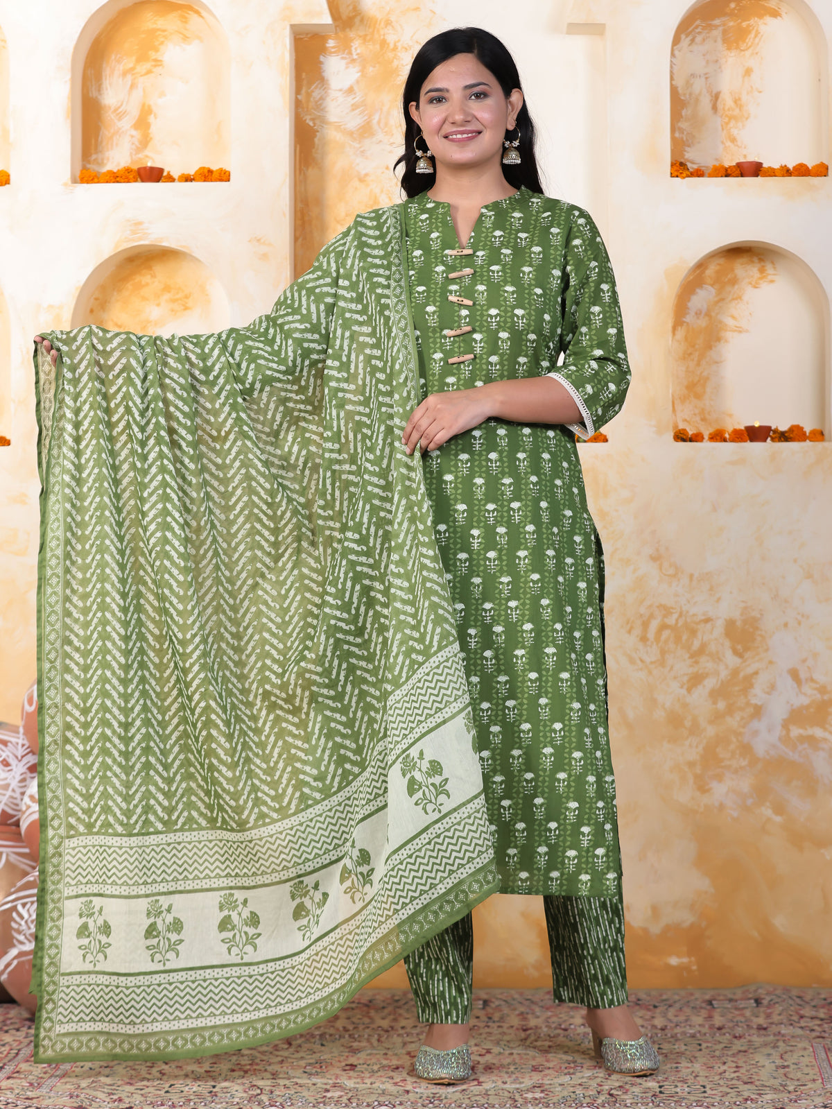 Cotton Voile Geometric Green Dupatta