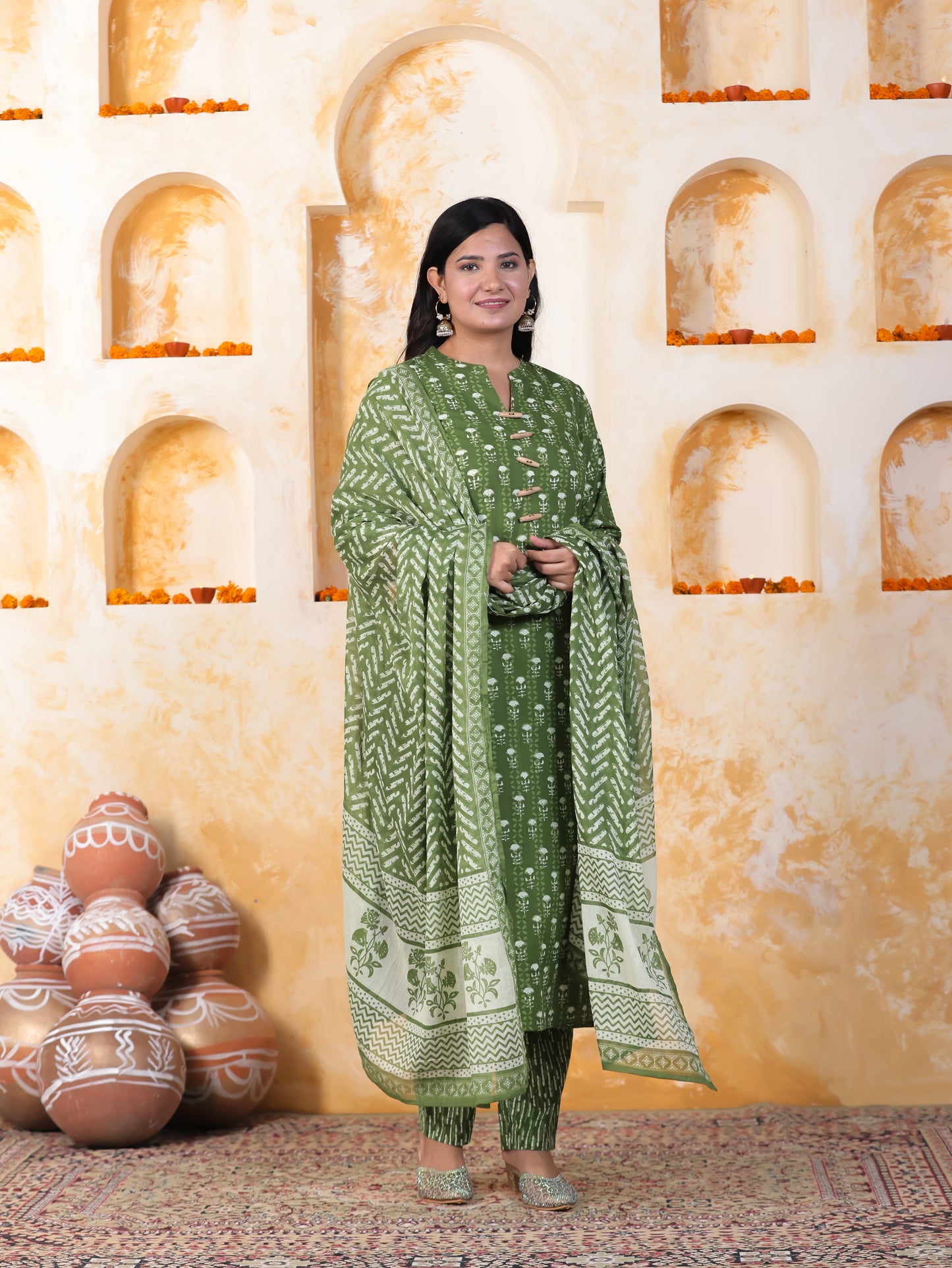 Cotton Voile Geometric Green Dupatta