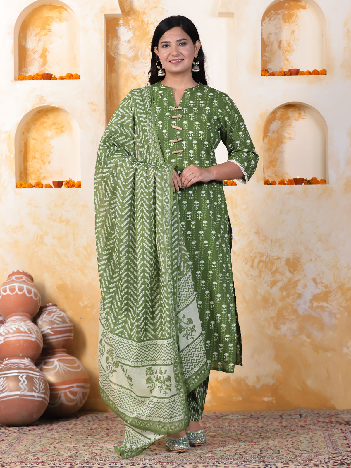 Cotton Voile Geometric Green Dupatta