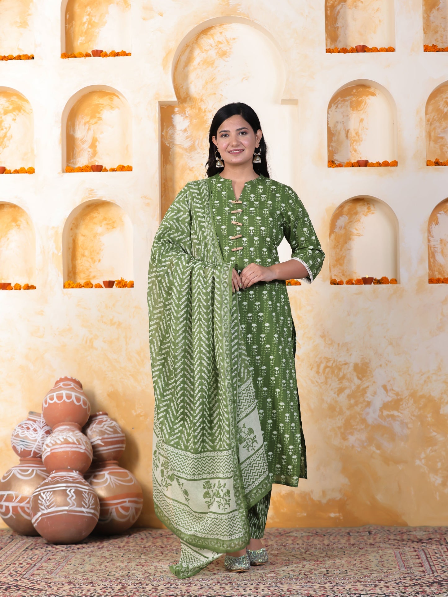 Cotton Voile Geometric Green Dupatta