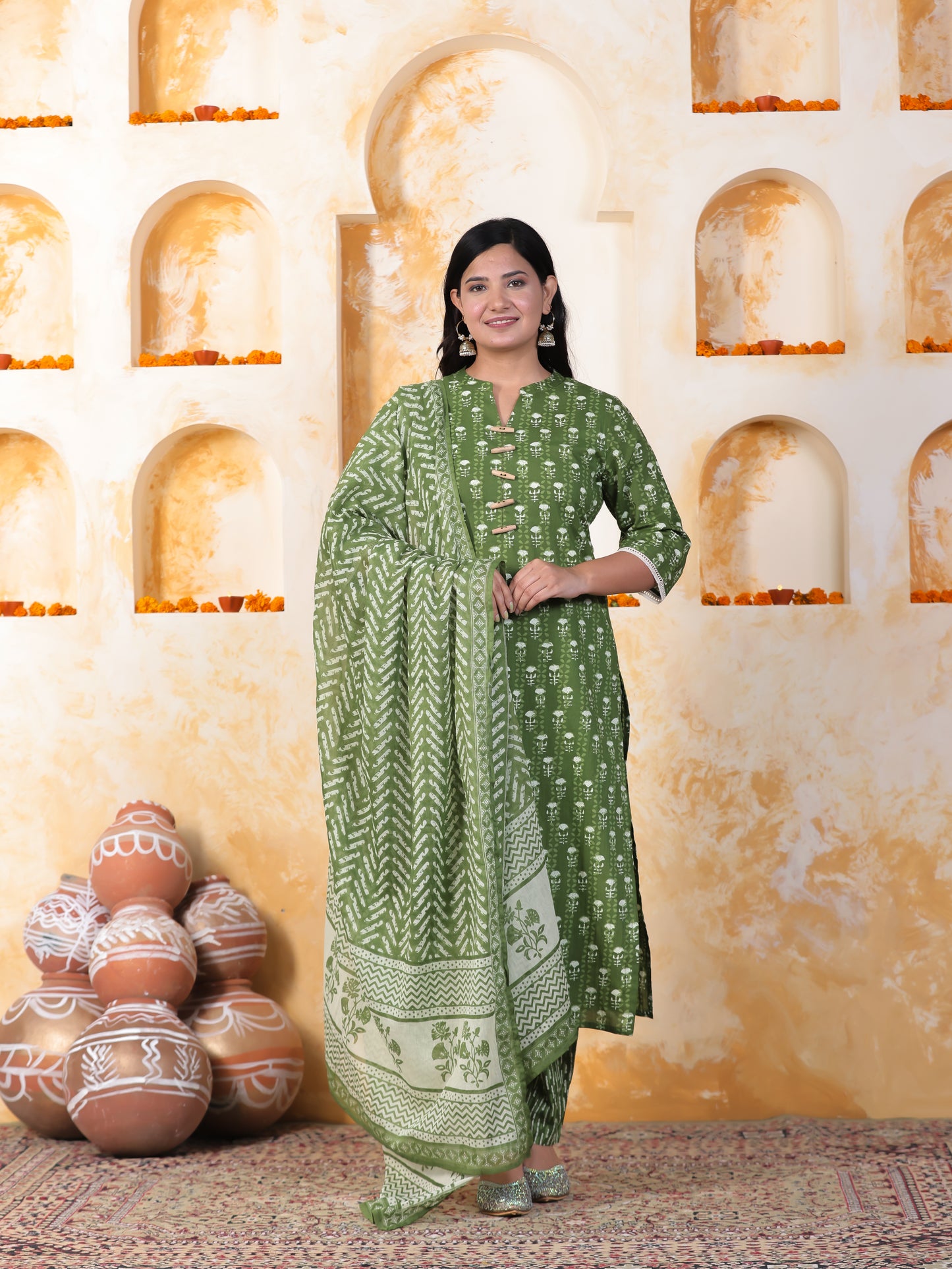 Soft Cotton Floral Straight Green Kurta