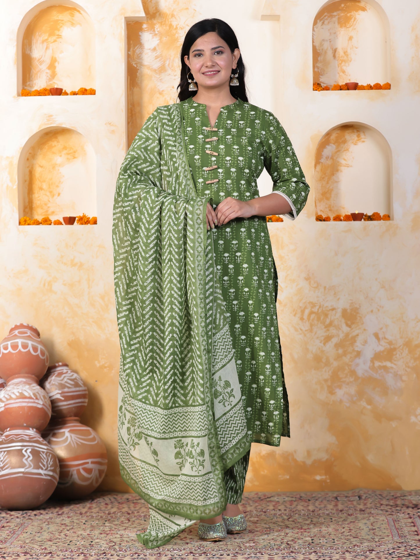 Soft Cotton Floral Straight Green Kurta