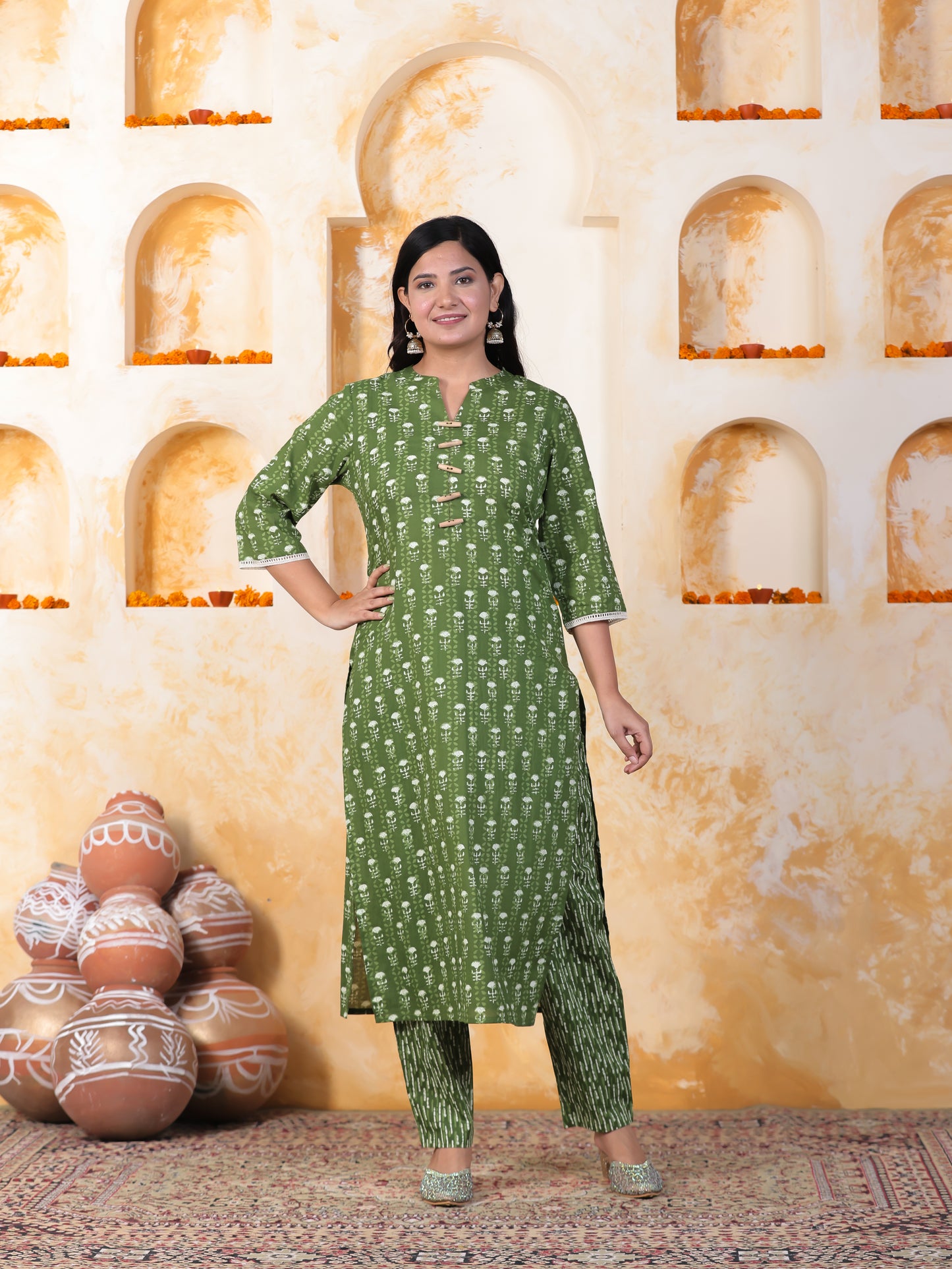 Soft Cotton Floral Straight Green Kurta