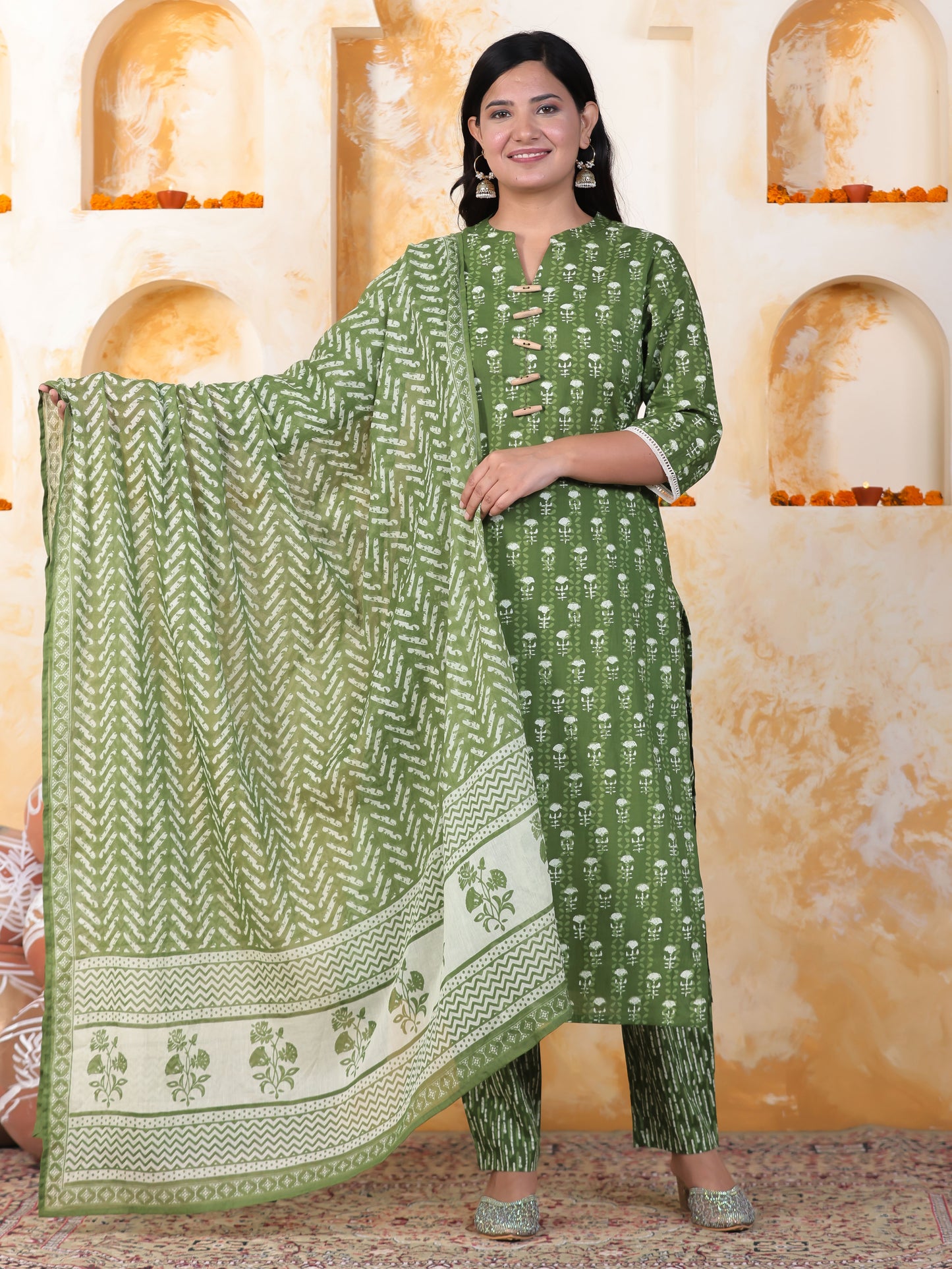 Soft Cotton Floral Straight Green Kurta