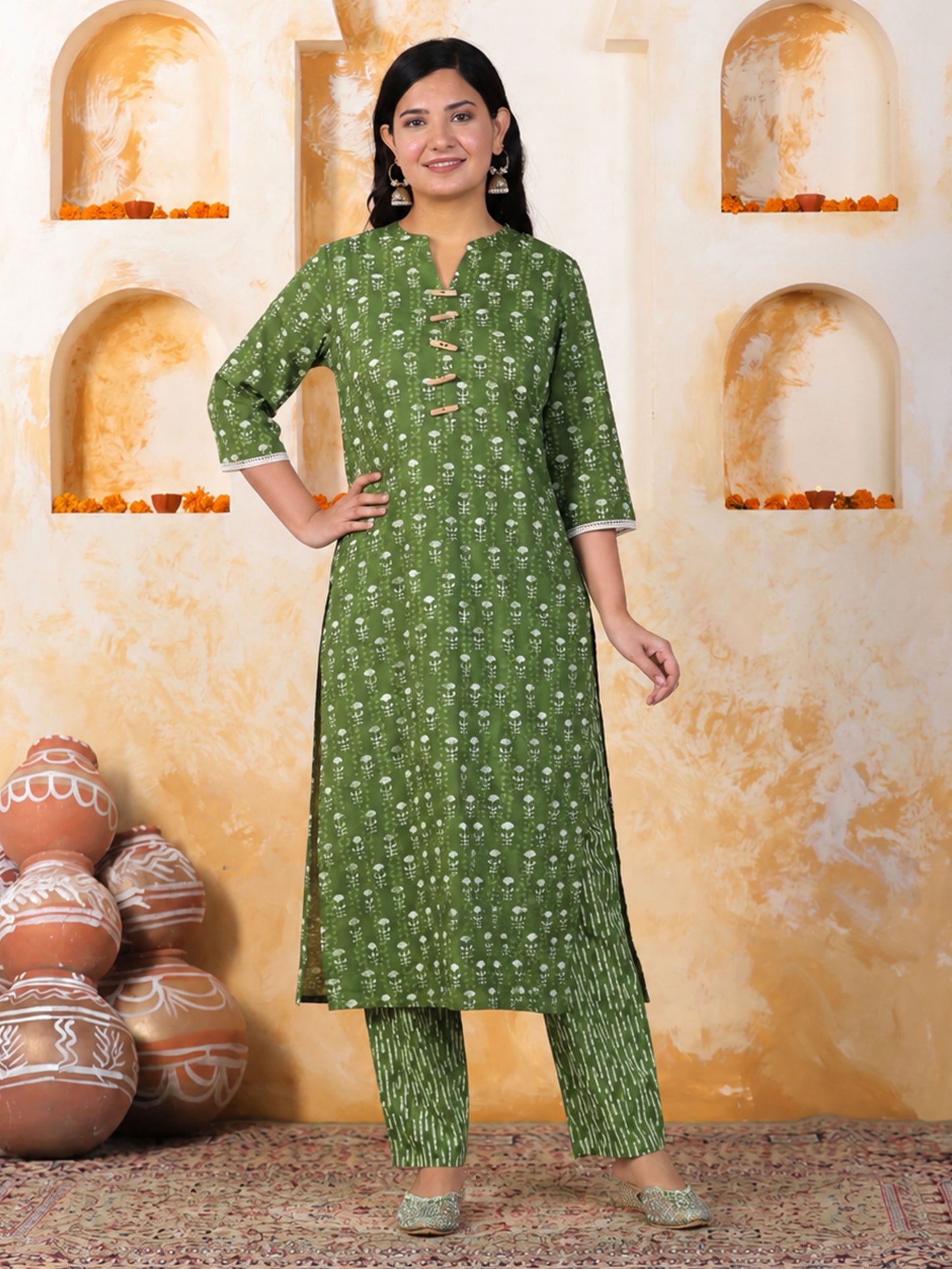 Soft Cotton Floral Straight Green Kurta