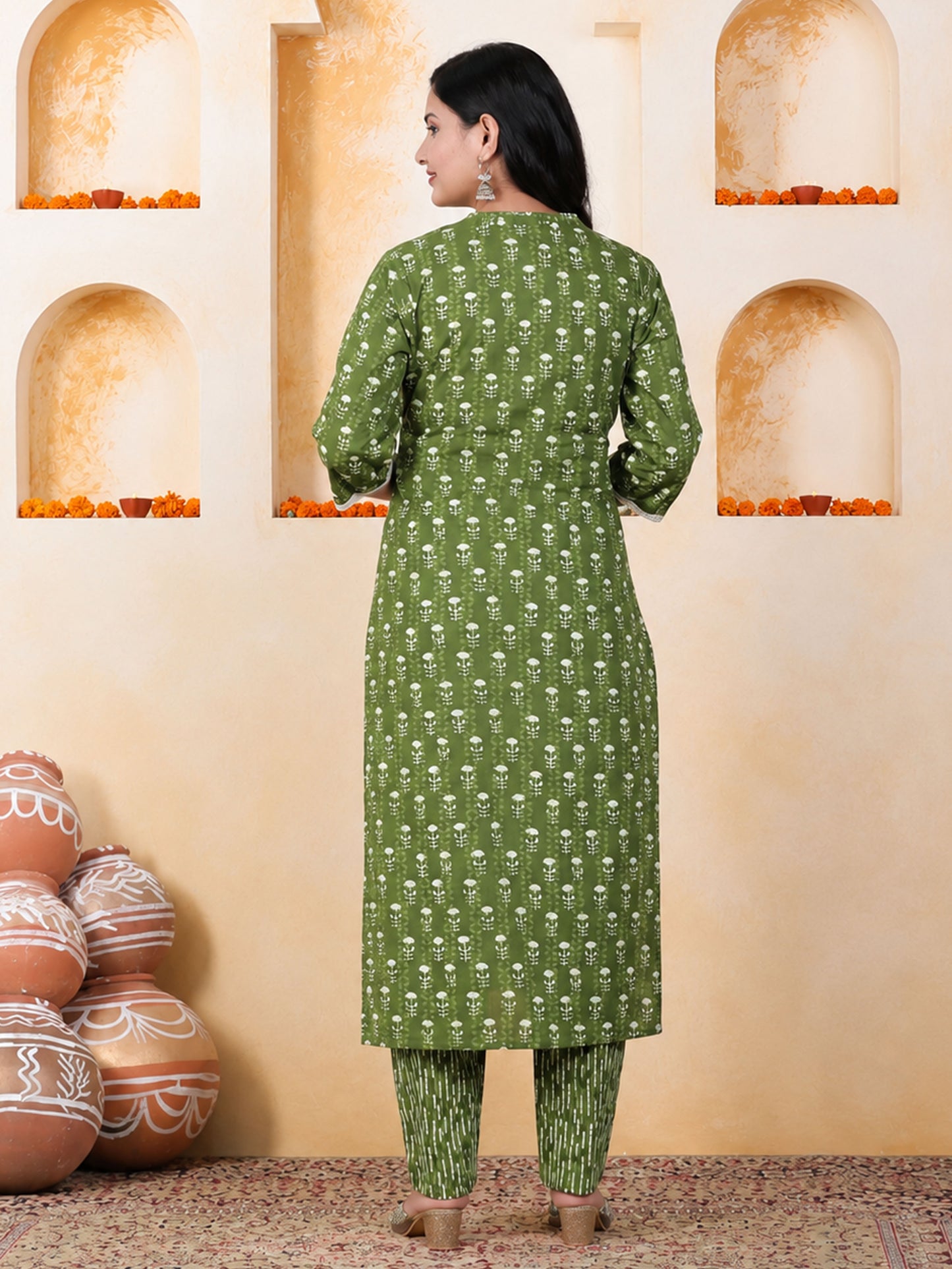 Soft Cotton Floral Straight Green Kurta
