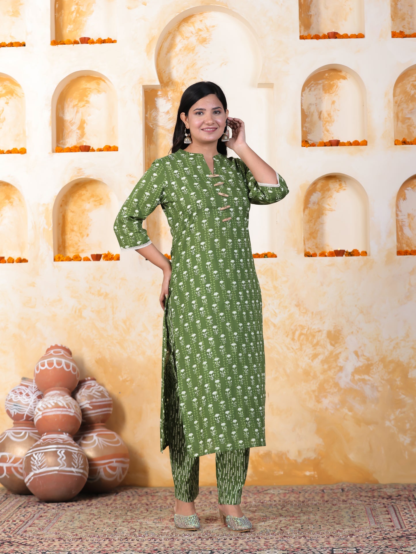 Soft Cotton Floral Straight Green Kurta