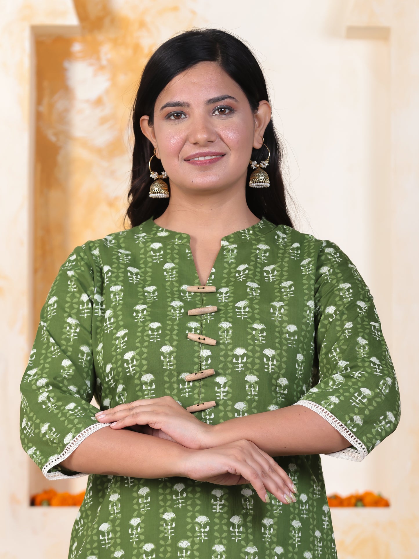 Soft Cotton Floral Straight Green Kurta