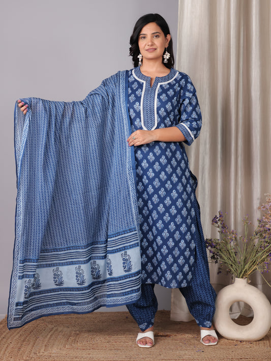 Soft Cotton Floral Straight Blue Kurta