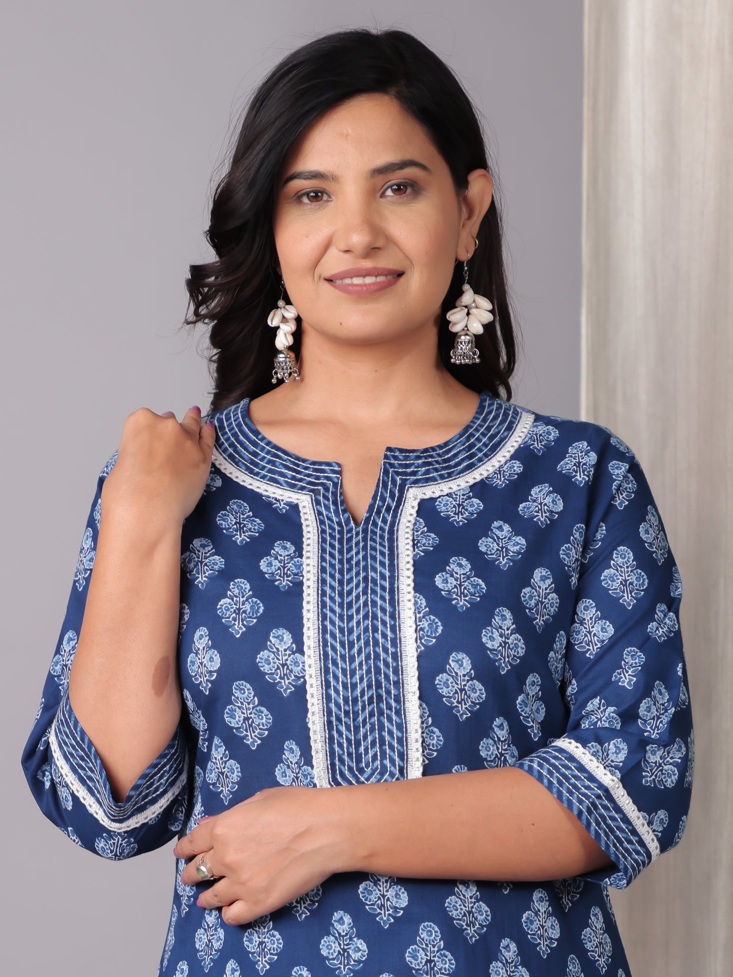 Embroidered Soft Cotton Floral Straight Blue Kurta