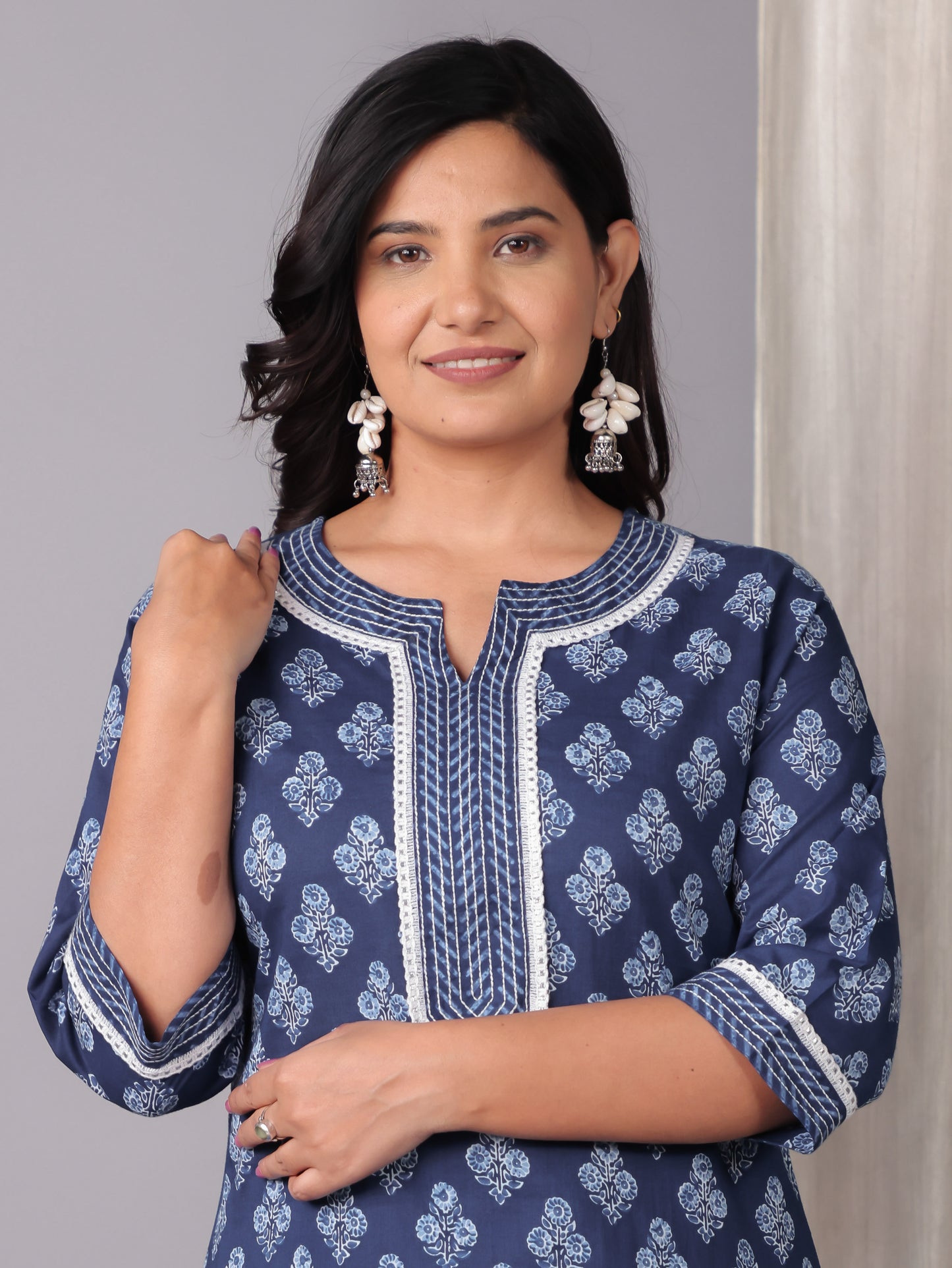 Embroidered Soft Cotton Floral Straight Blue Kurta