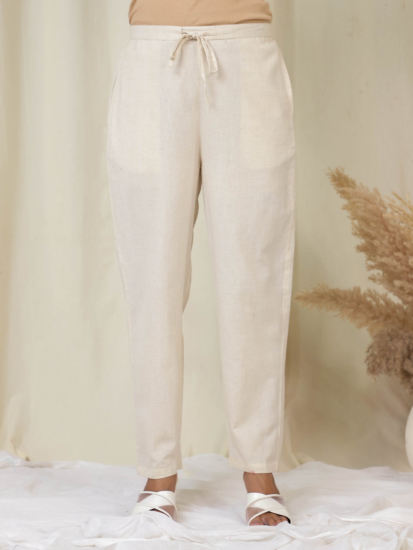 Linen Cotton Solid Cream Tapered Trousers