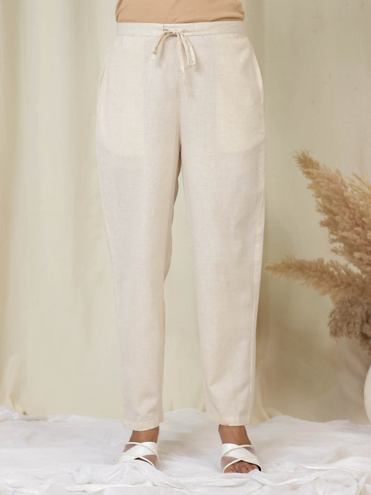 Linen Cotton Solid Cream Tapered Trousers