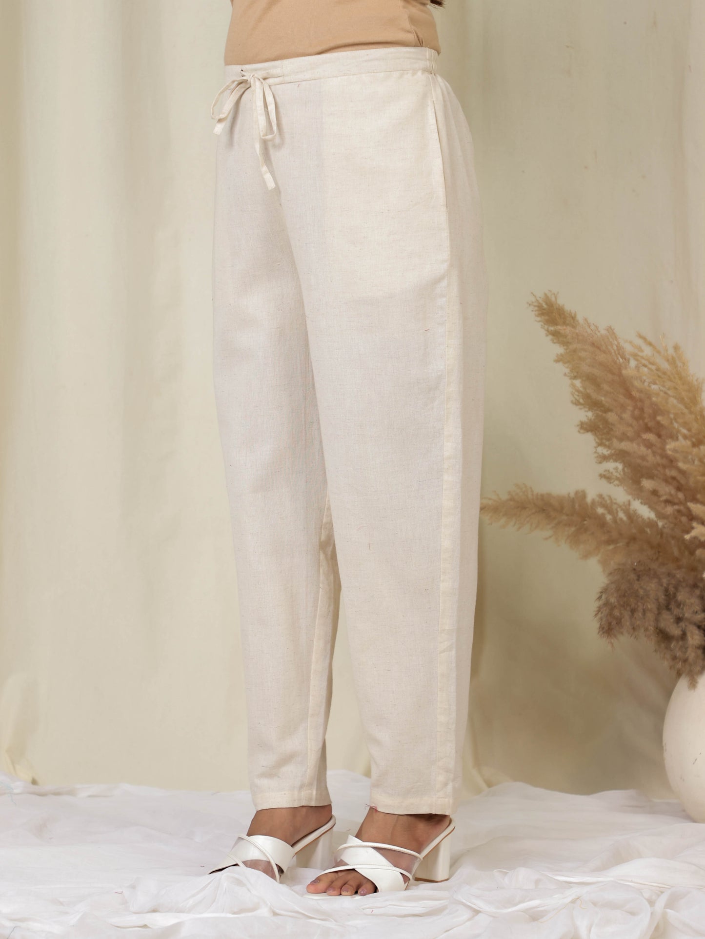 Linen Cotton Solid Cream Tapered Trousers