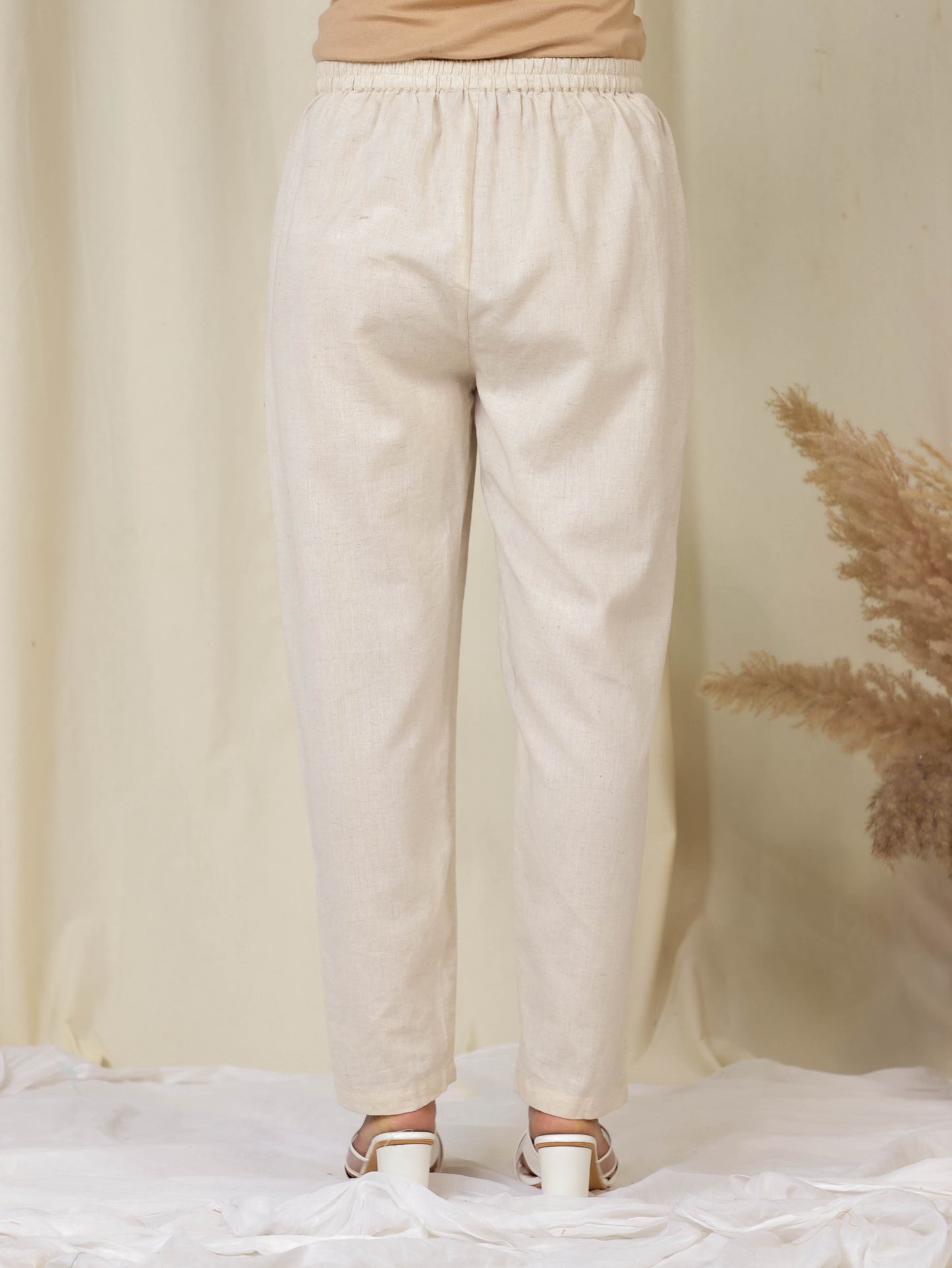 Linen Cotton Solid Cream Tapered Trousers