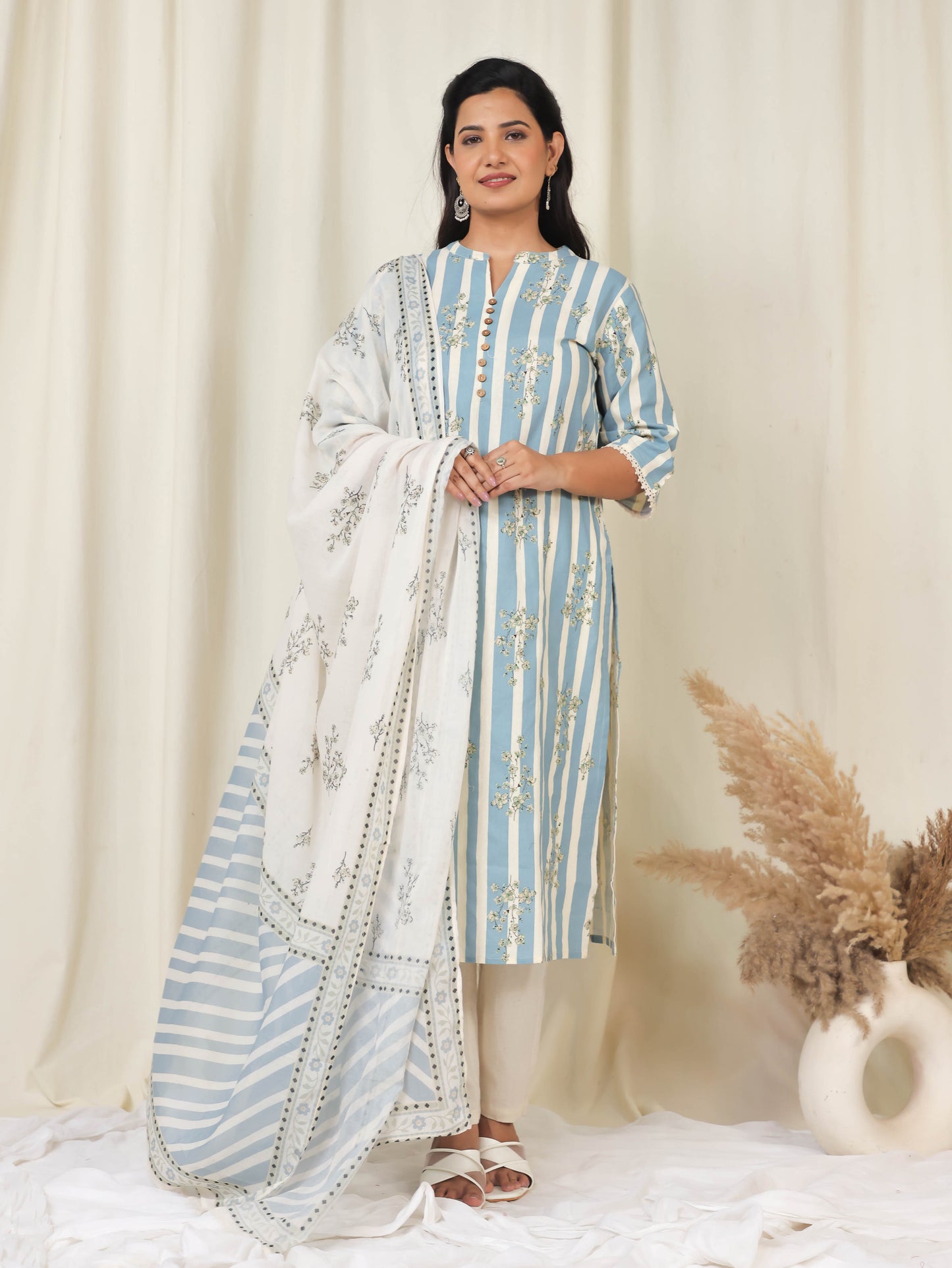 Cotton Voile Floral Blue Dupatta