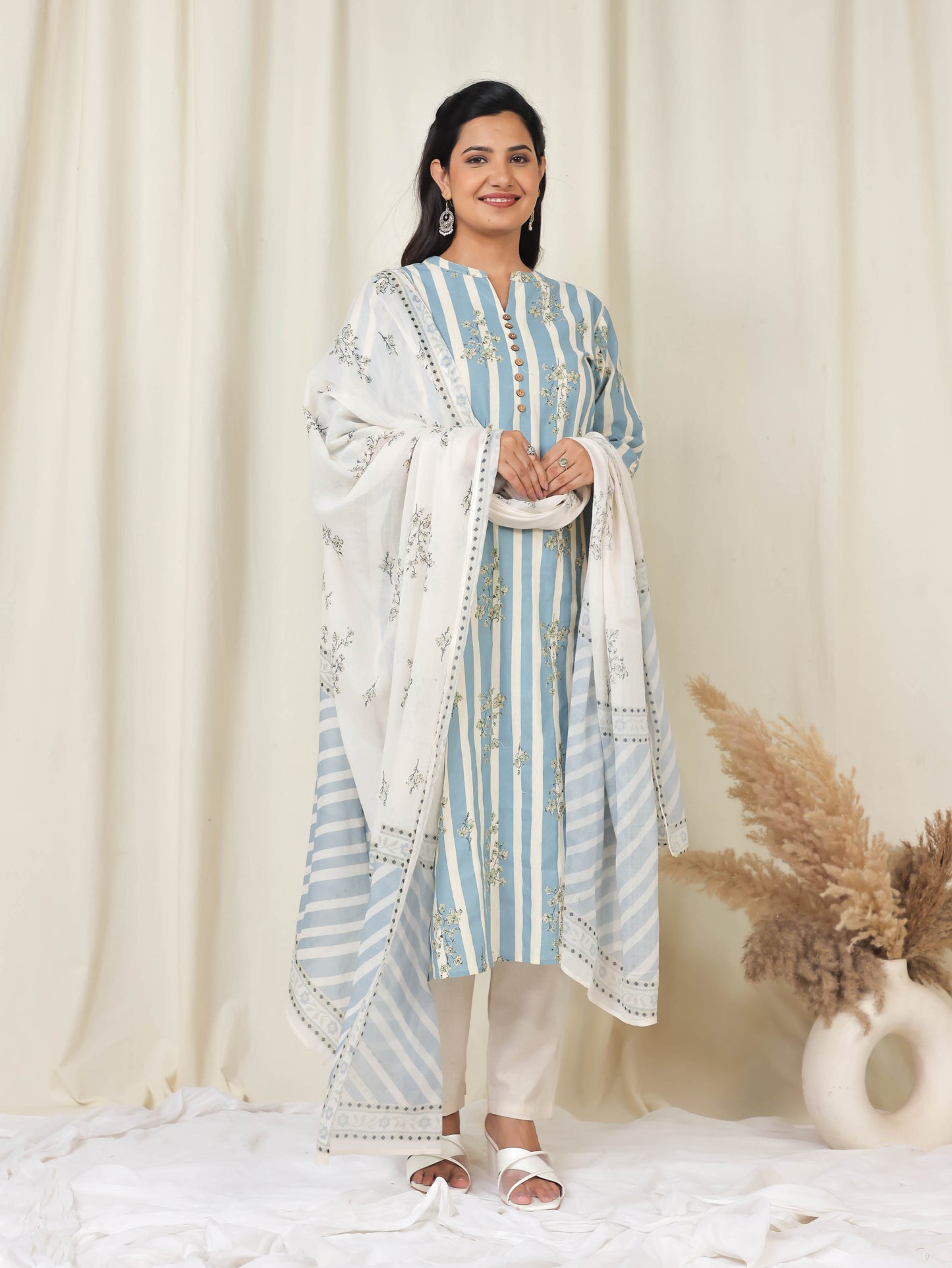 Cotton Voile Floral Blue Dupatta