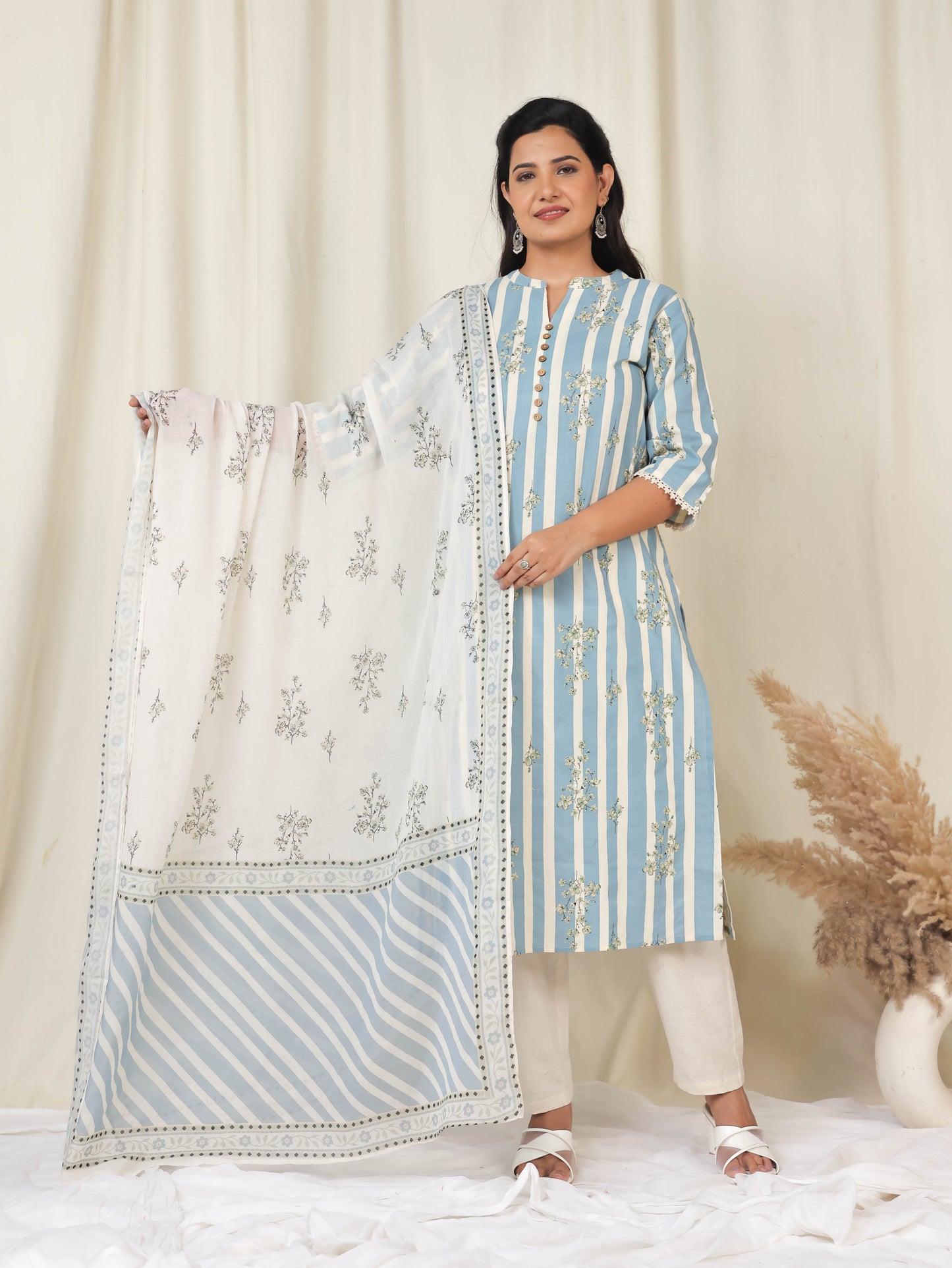 Linen Cotton Striped Straight Blue Kurta